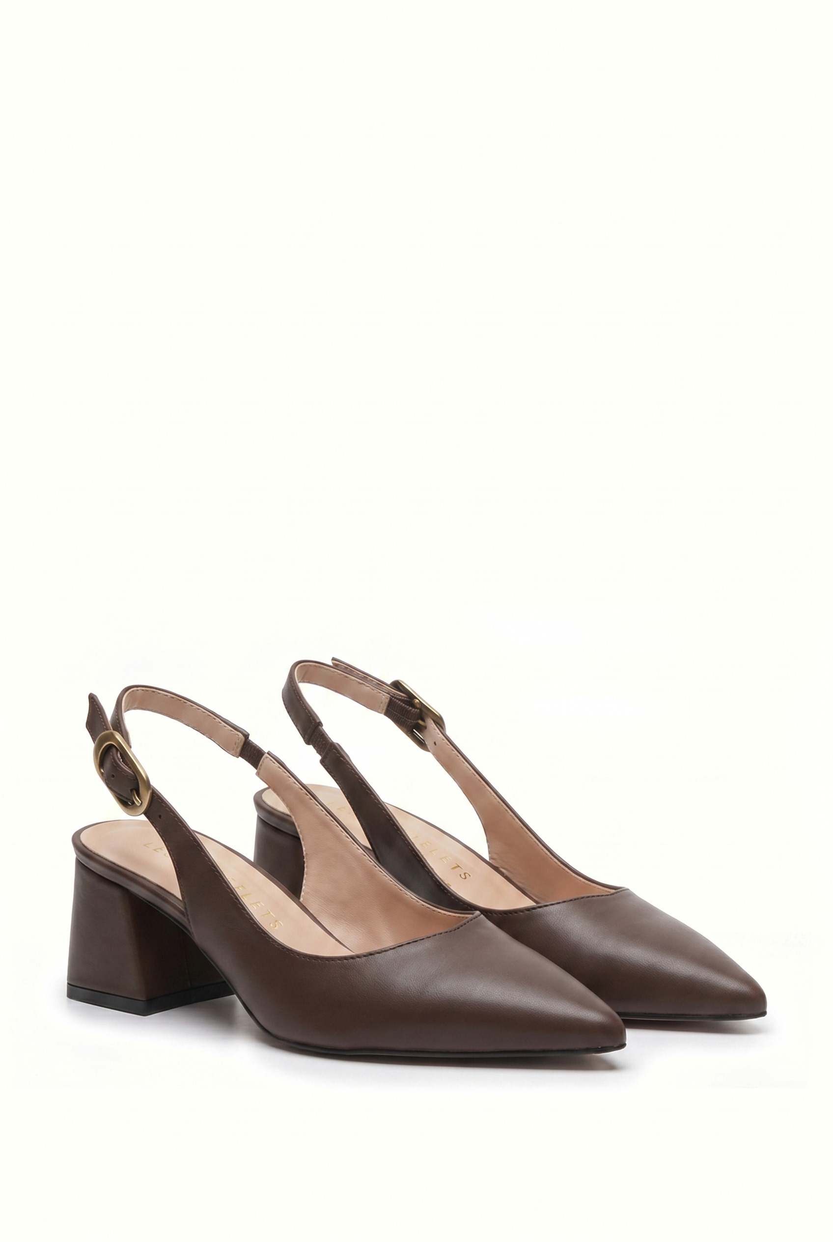 Été en Ville Kahve Cilt Slingback Topuklu Ayakkabı – 5 cm Altın Toka | Sivri Burun Bilekten Bağlamalı