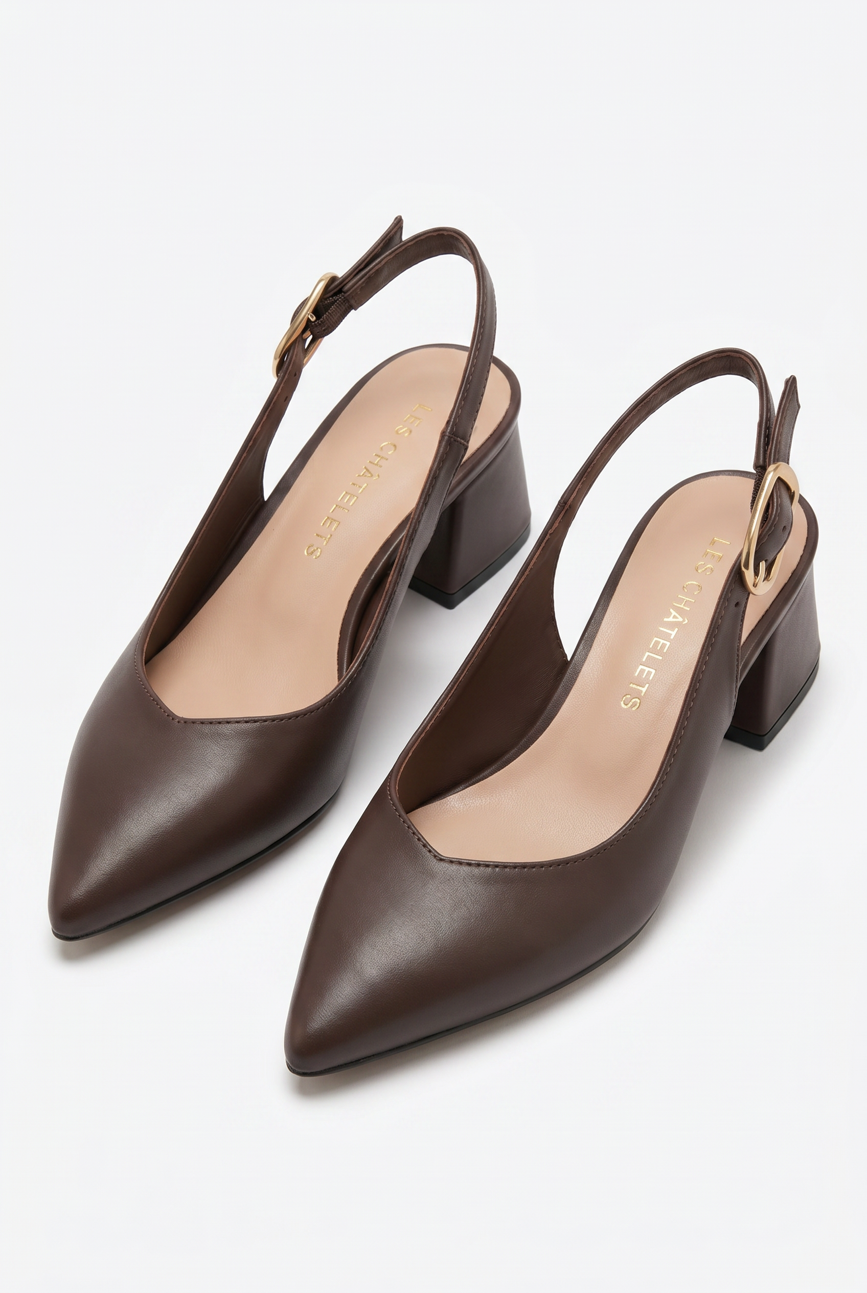 Été en Ville Kahve Cilt Slingback Topuklu Ayakkabı – 5 cm Altın Toka | Sivri Burun Bilekten Bağlamalı