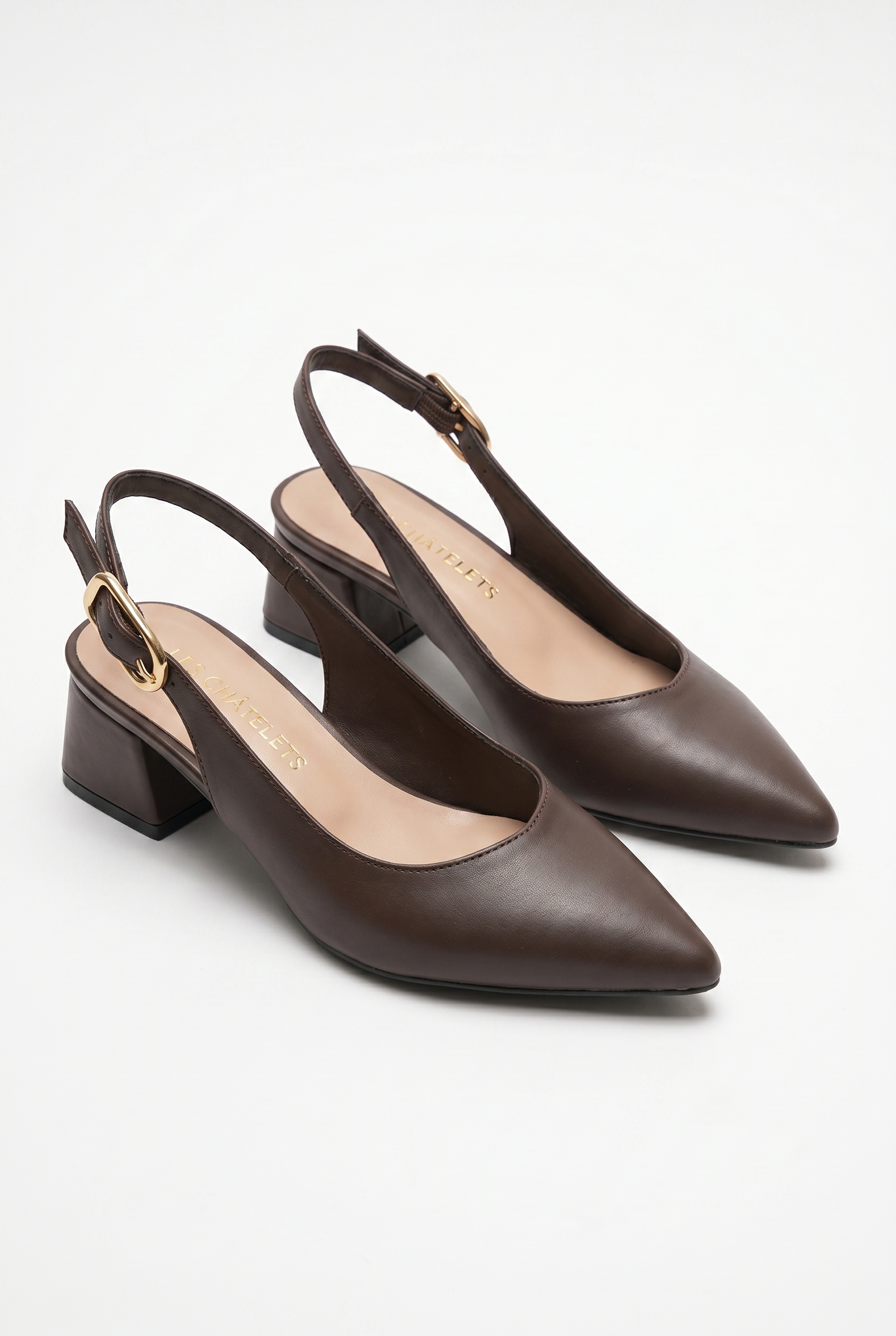 Été en Ville Kahve Cilt Slingback Topuklu Ayakkabı – 5 cm Altın Toka | Sivri Burun Bilekten Bağlamalı