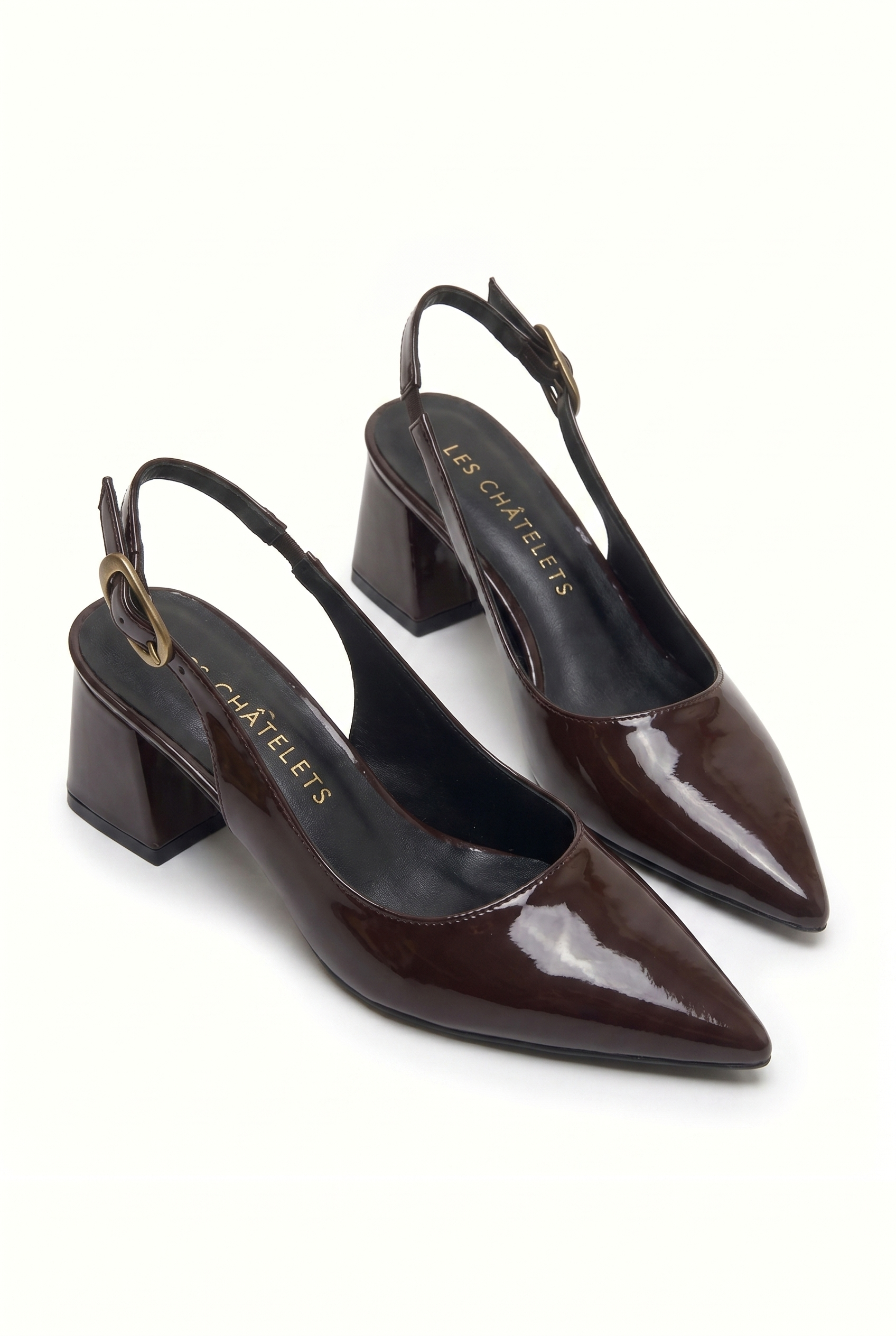 Été en Ville Kahve Rugan Slingback Topuklu Ayakkabı – 5 cm Altın Toka | Sivri Burun Bilekten Bağlamalı