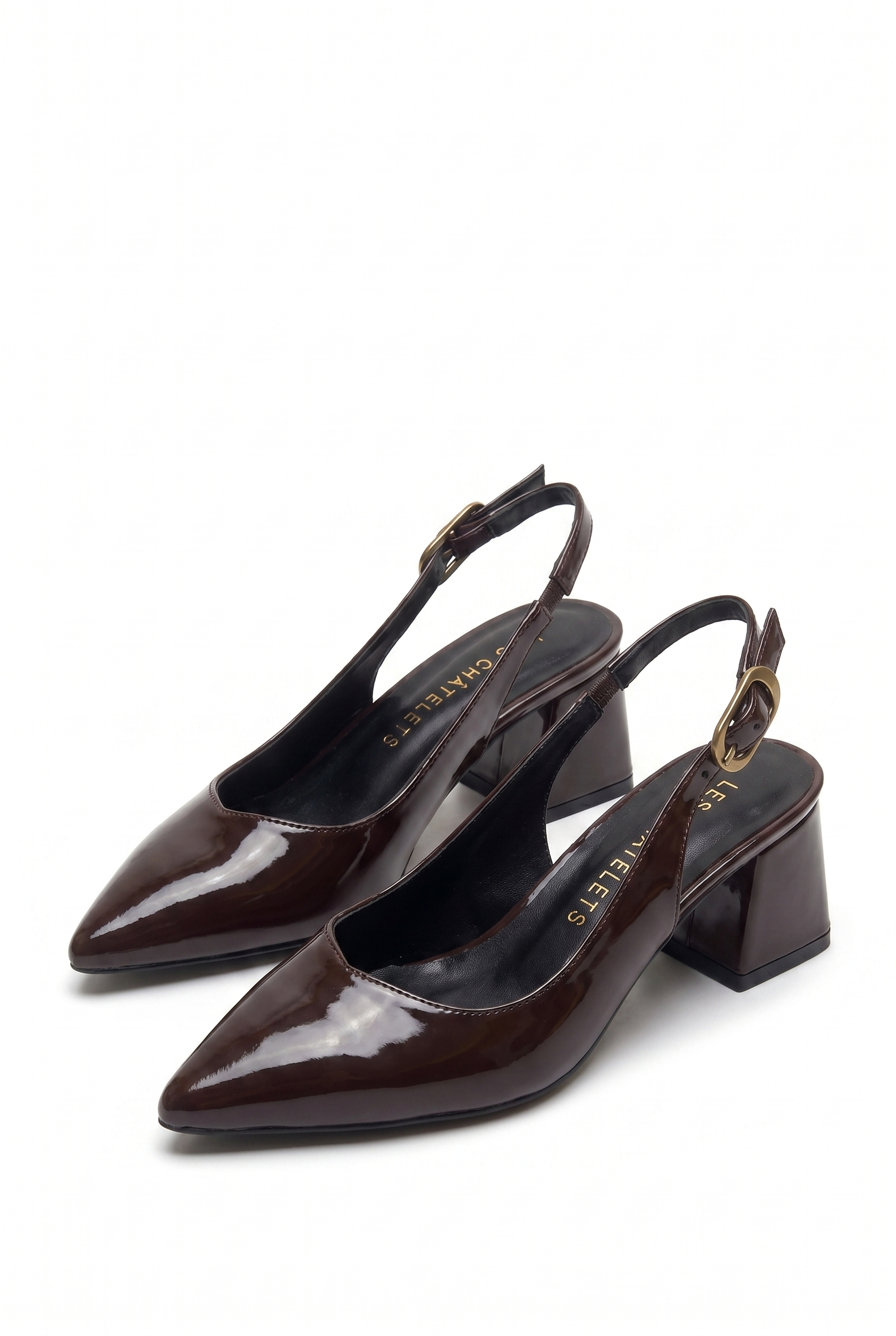 Été en Ville Kahve Rugan Slingback Topuklu Ayakkabı – 5 cm Altın Toka | Sivri Burun Bilekten Bağlamalı