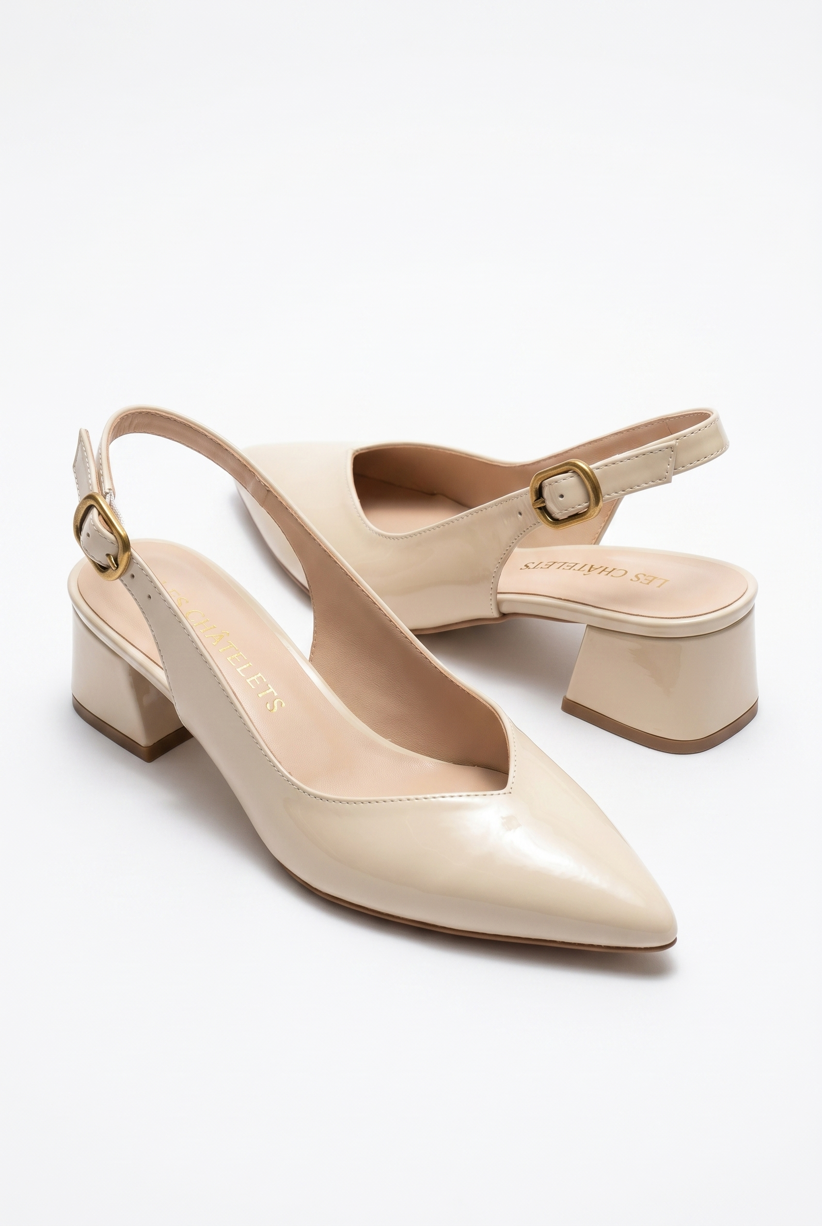 Été en Ville Bej Rugan Slingback Topuklu Ayakkabı – 5 cm Altın Toka | Sivri Burun Bilekten Bağlamalı
