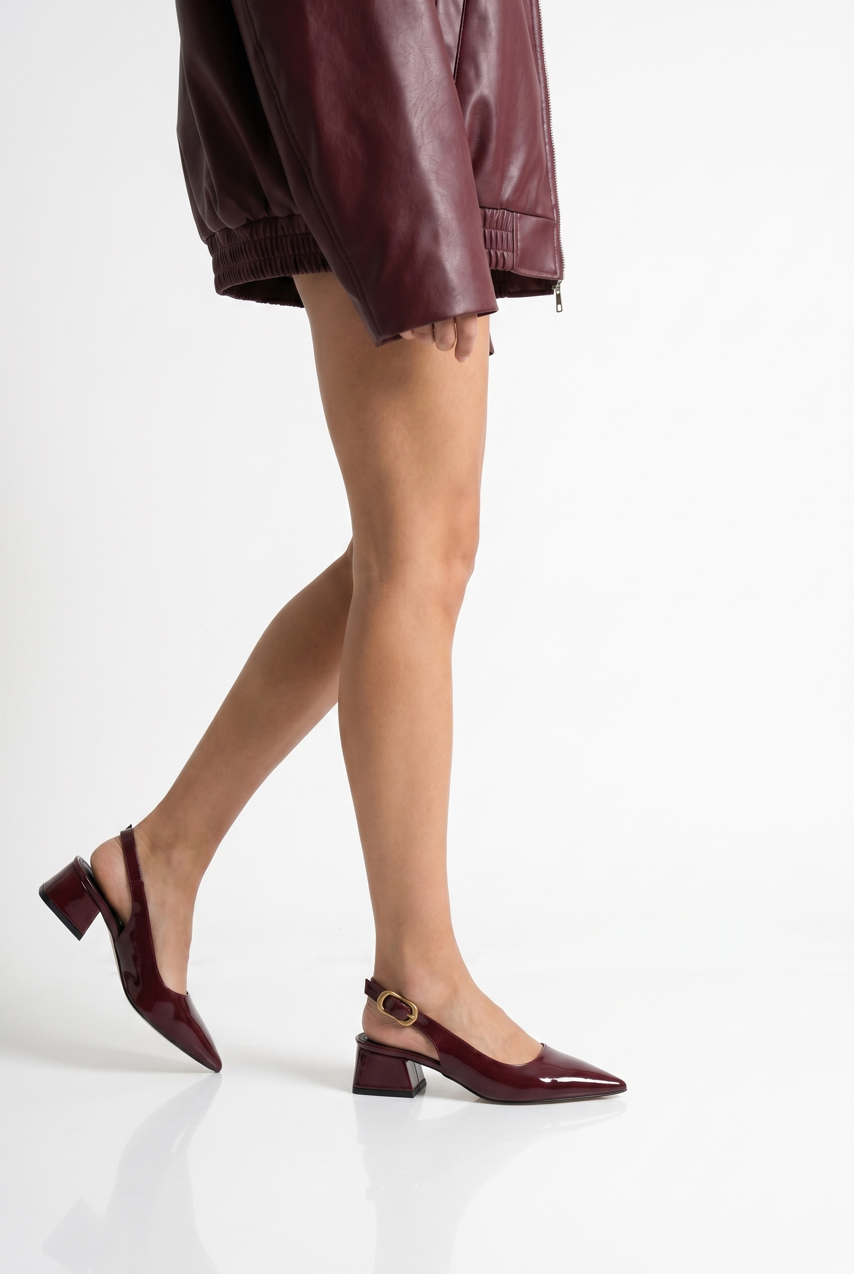 Été en Ville Bordo Rugan Slingback Topuklu Ayakkabı – 5 cm Altın Toka