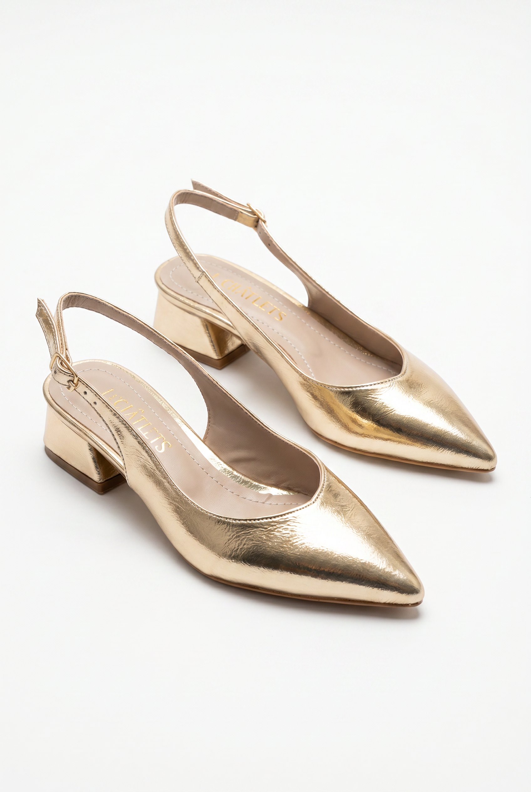 Été en Ville Gold Metalik Slingback Topuklu Ayakkabı – 5 cm | Sivri Burun Bilekten Bağlamalı