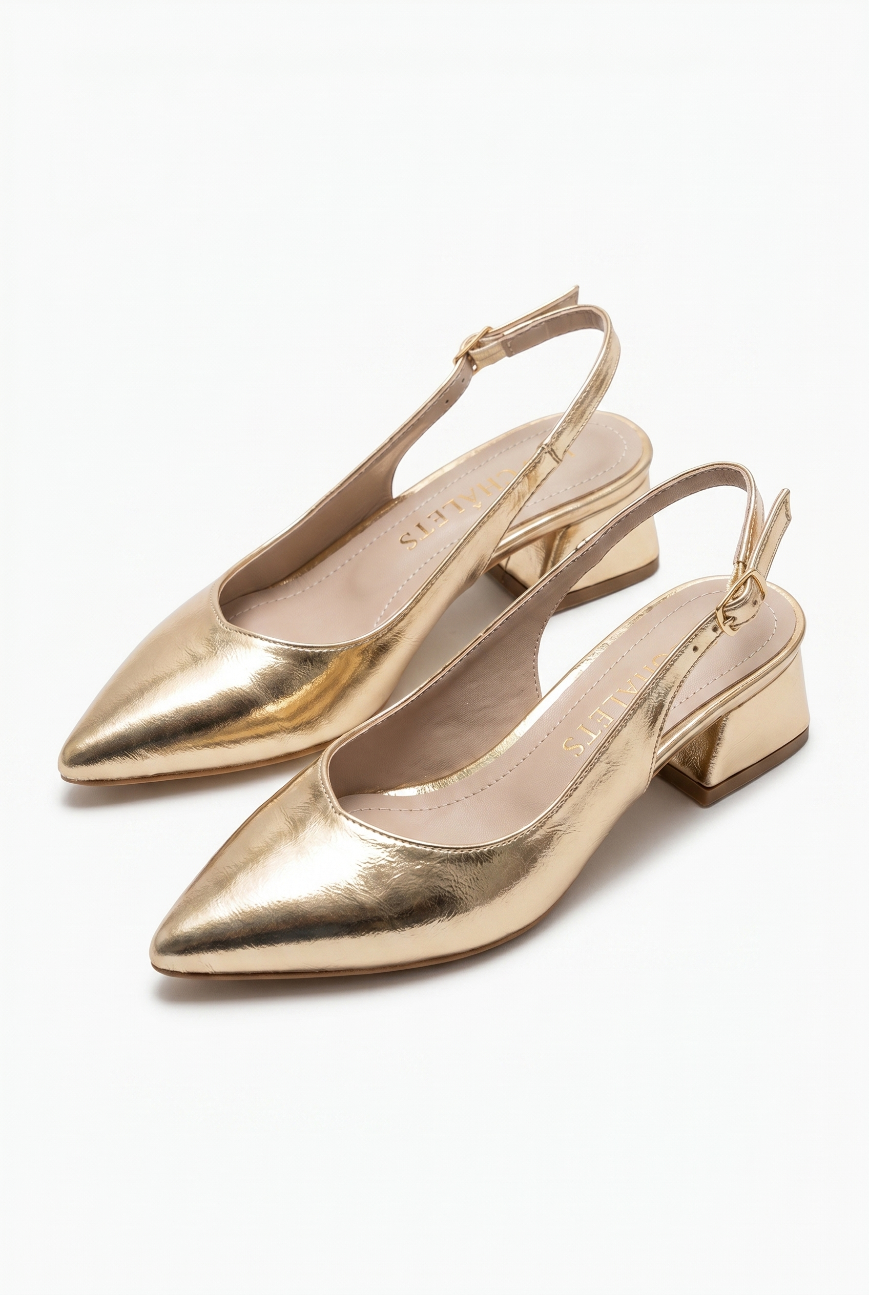 Été en Ville Gold Metalik Slingback Topuklu Ayakkabı – 5 cm | Sivri Burun Bilekten Bağlamalı