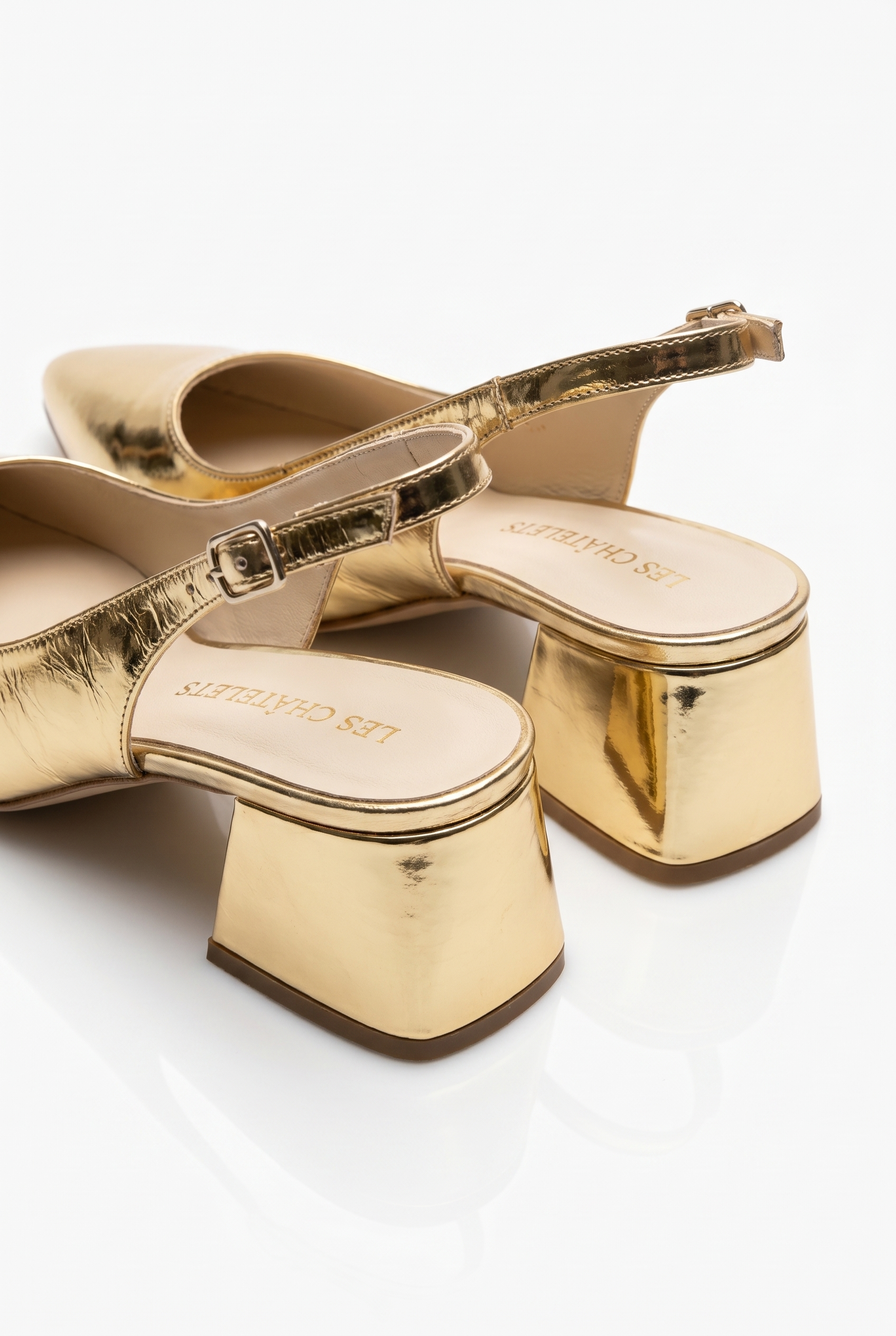 Été en Ville Gold Metalik Slingback Topuklu Ayakkabı – 5 cm | Sivri Burun Bilekten Bağlamalı