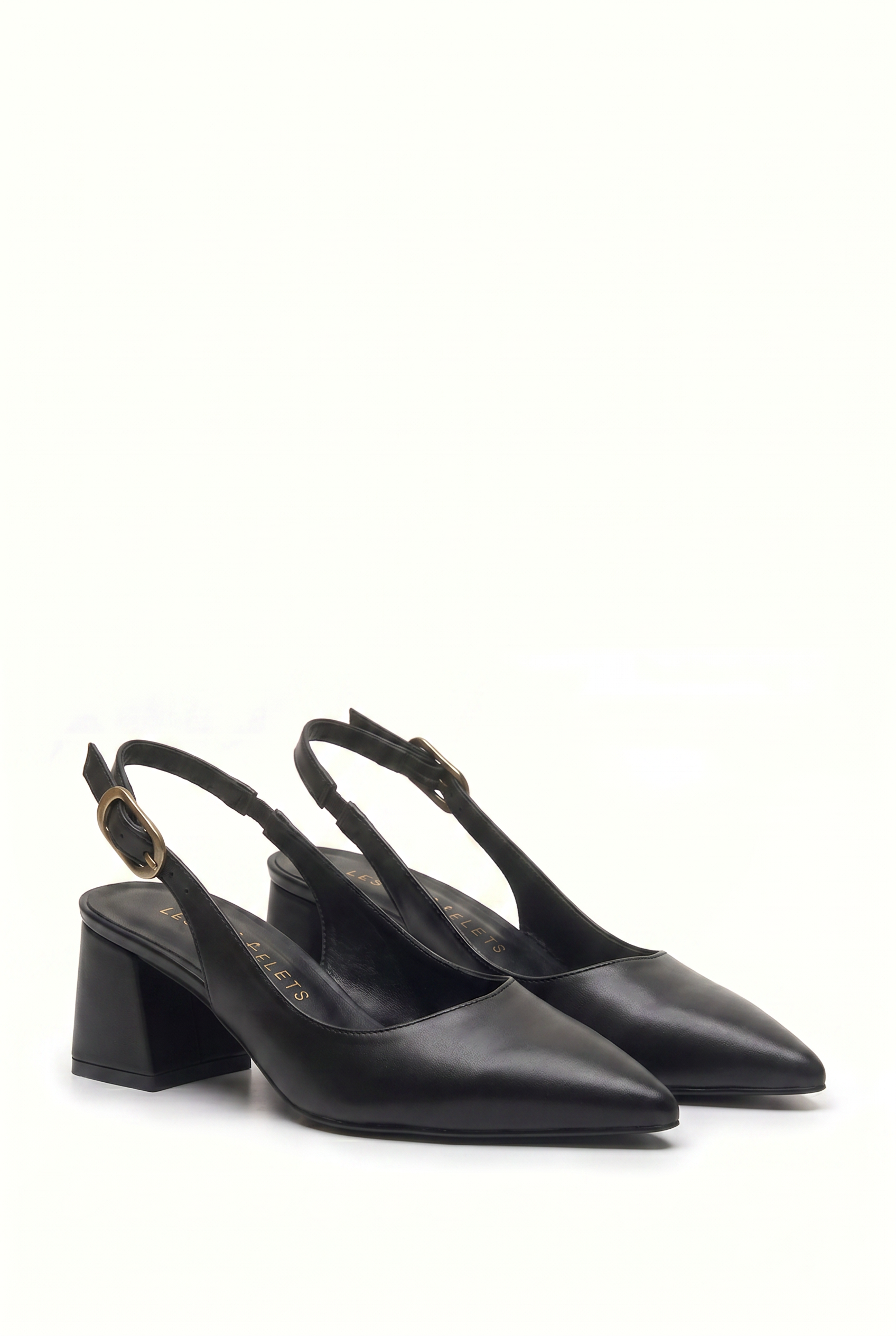Été en Ville Siyah Cilt Slingback Topuklu Ayakkabı – 5 cm Altın Toka | Sivri Burun Bilekten Bağlamalı