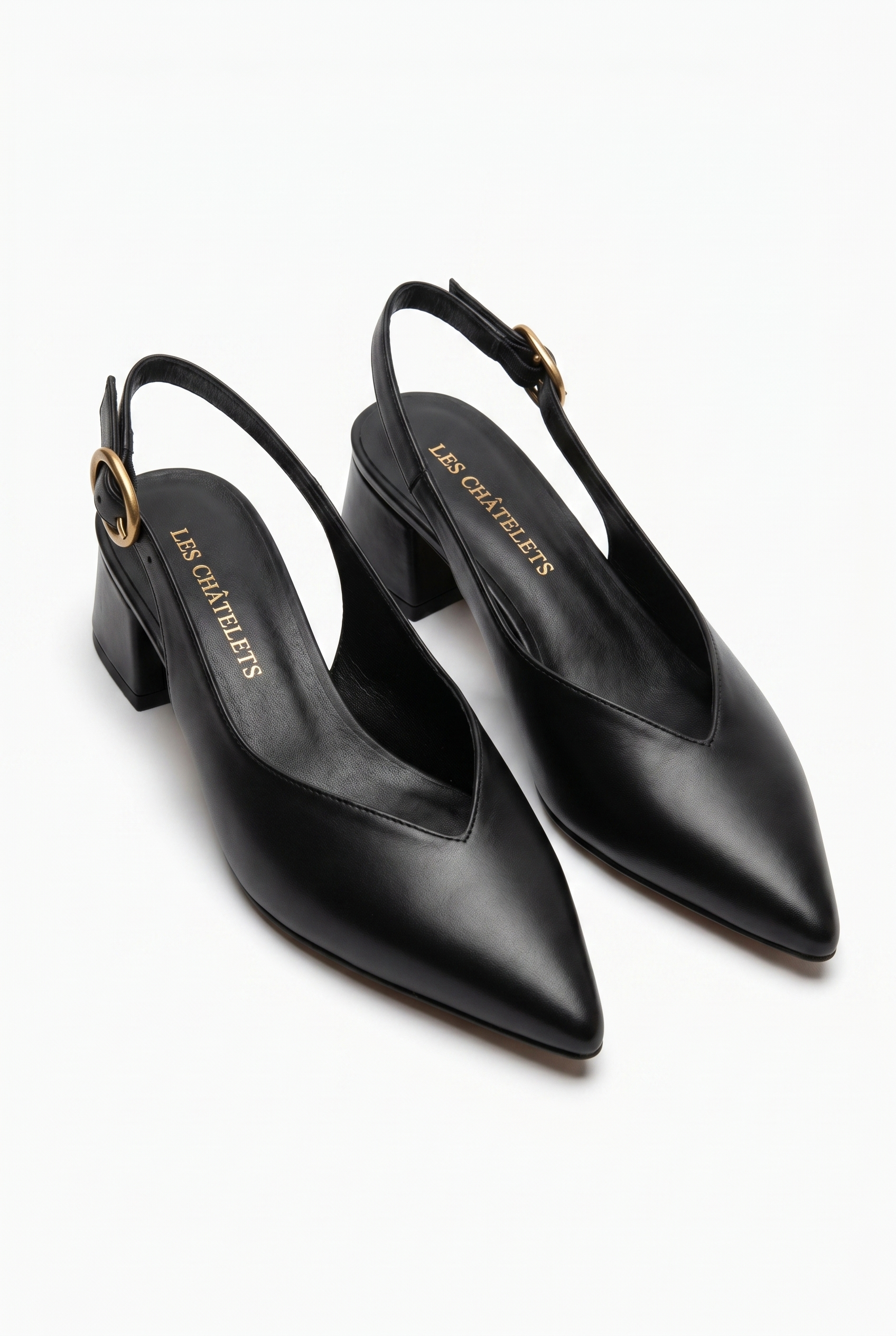 Été en Ville Siyah Cilt Slingback Topuklu Ayakkabı – 5 cm Altın Toka | Sivri Burun Bilekten Bağlamalı