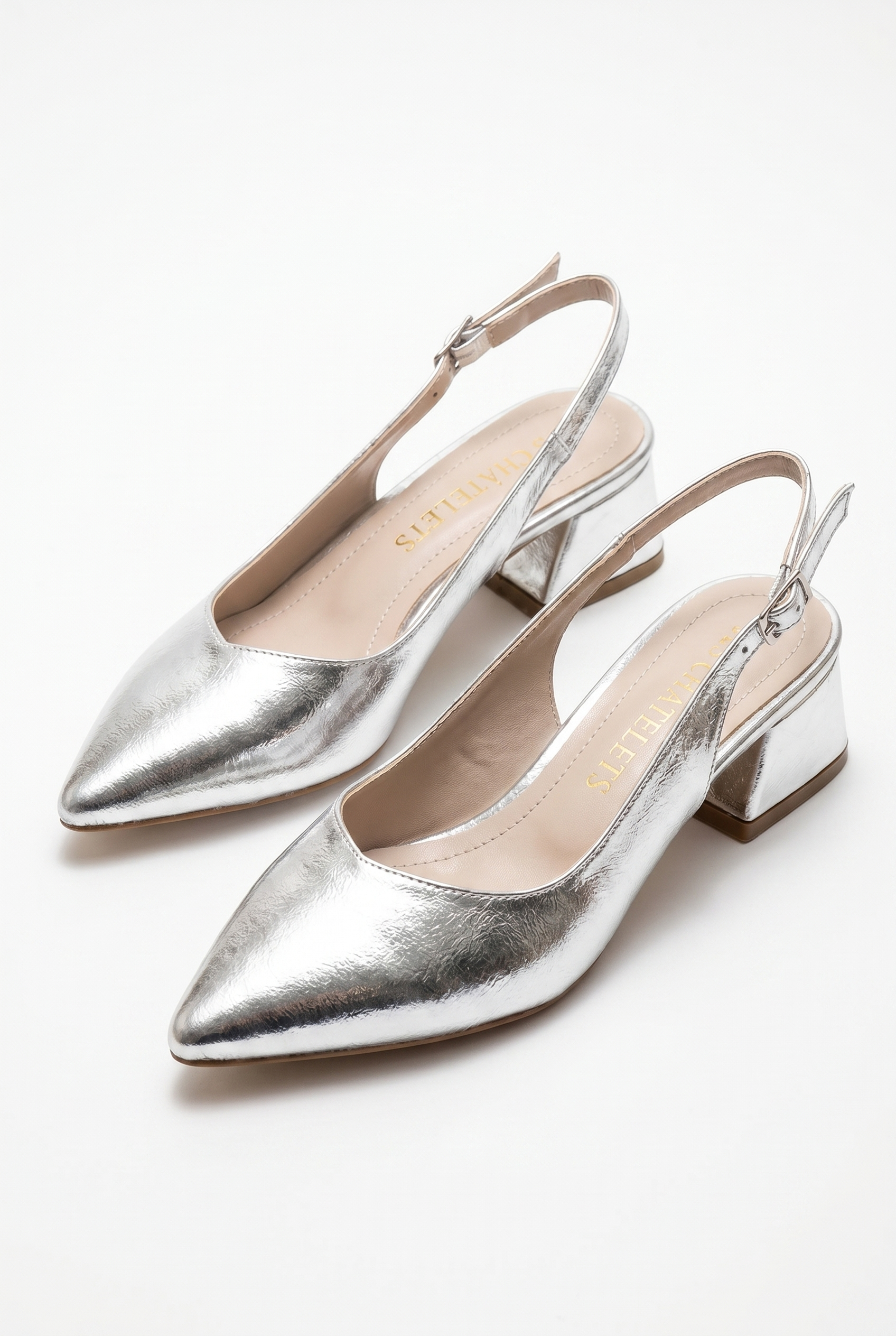 Été en Ville Gümüş Metalik Slingback Topuklu Ayakkabı – 5 cm | Sivri Burun Bilekten Bağlamalı