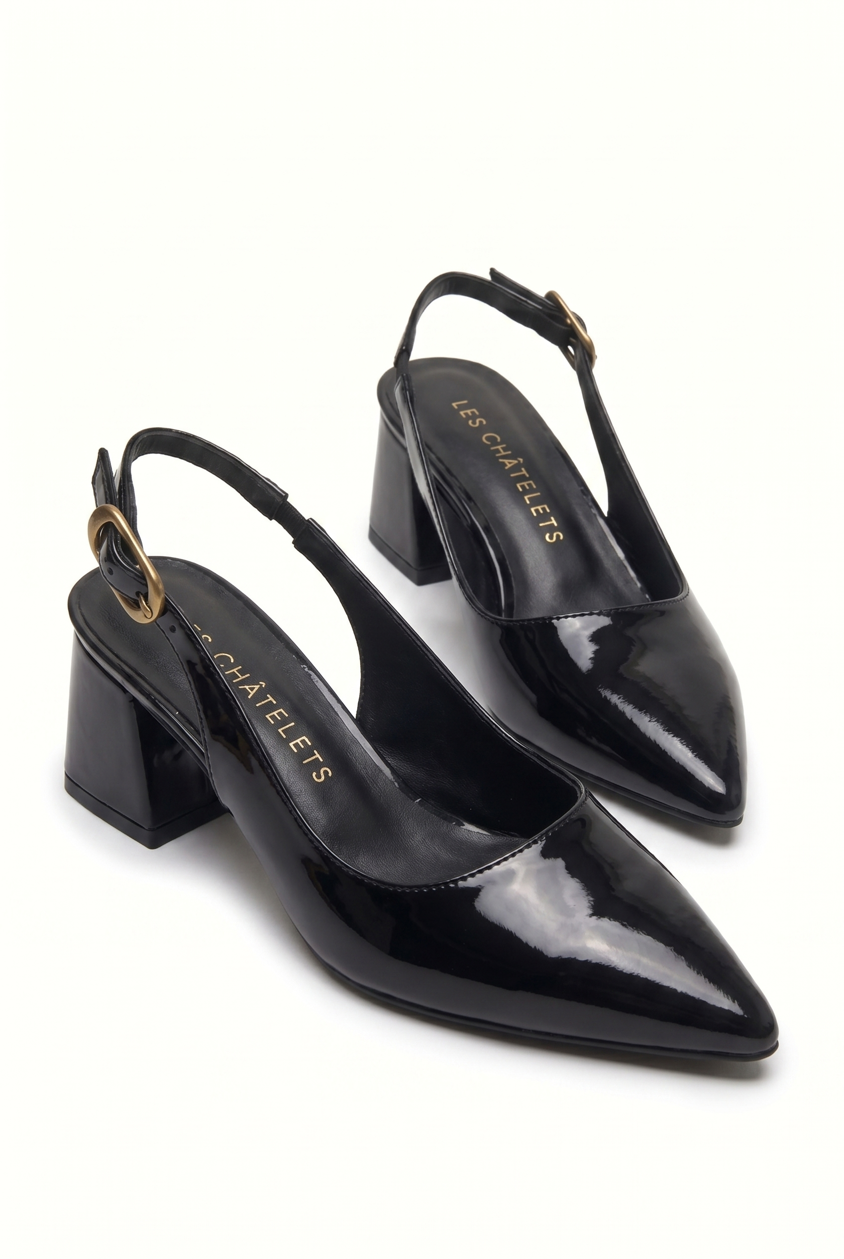 Été en Ville Siyah Rugan Slingback Topuklu Ayakkabı – 5 cm Altın Toka | Sivri Burun Bilekten Bağlamalı