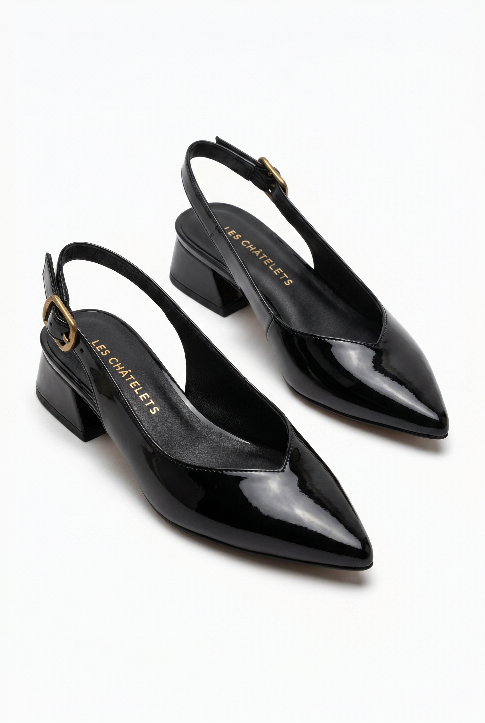 Été en Ville Siyah Rugan Slingback Topuklu Ayakkabı – 5 cm Altın Toka | Sivri Burun Bilekten Bağlamalı