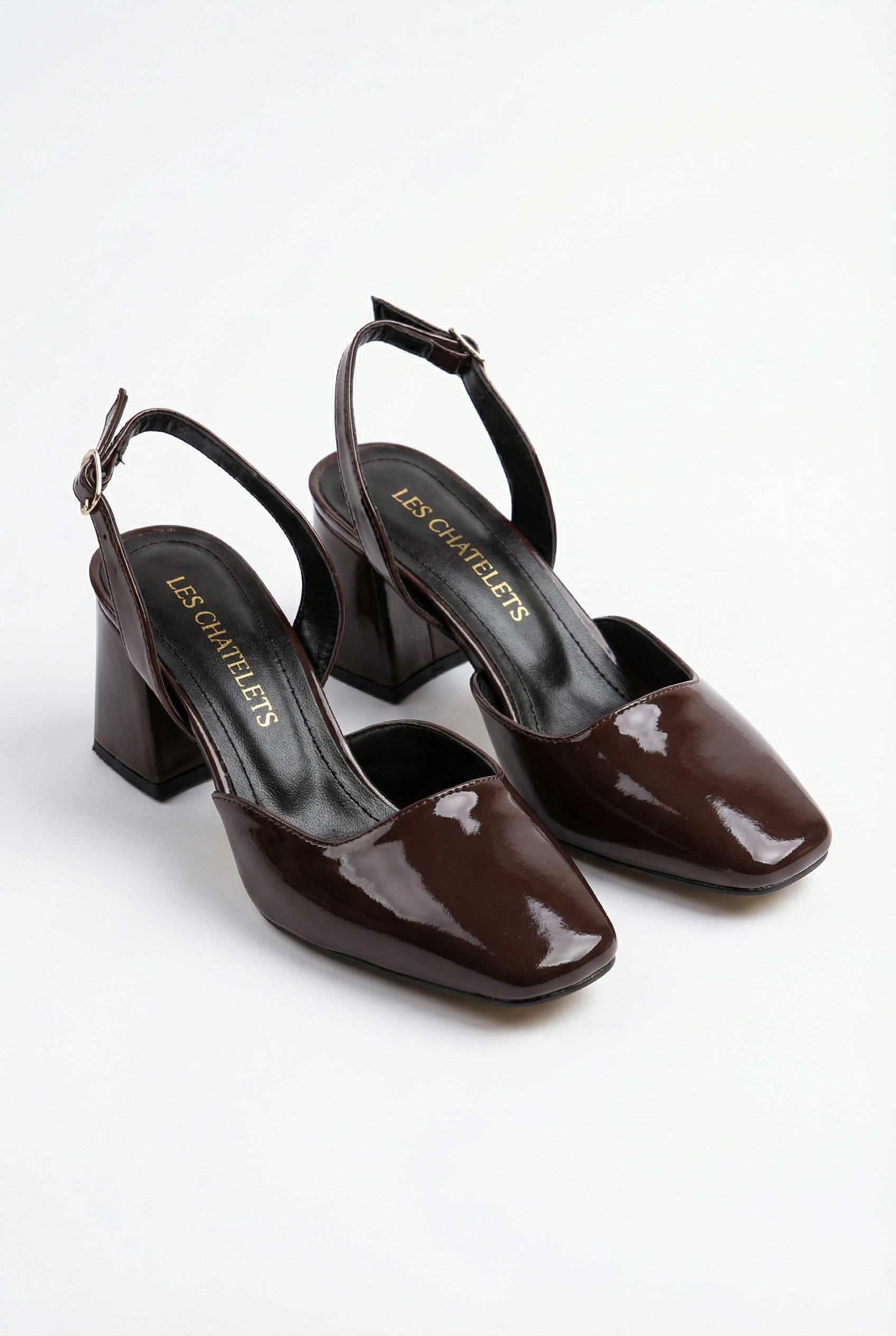 Décisions Nettes – Kahverengi Rugan 9 cm Kare Burun Slingback Topuklu Ayakkabı