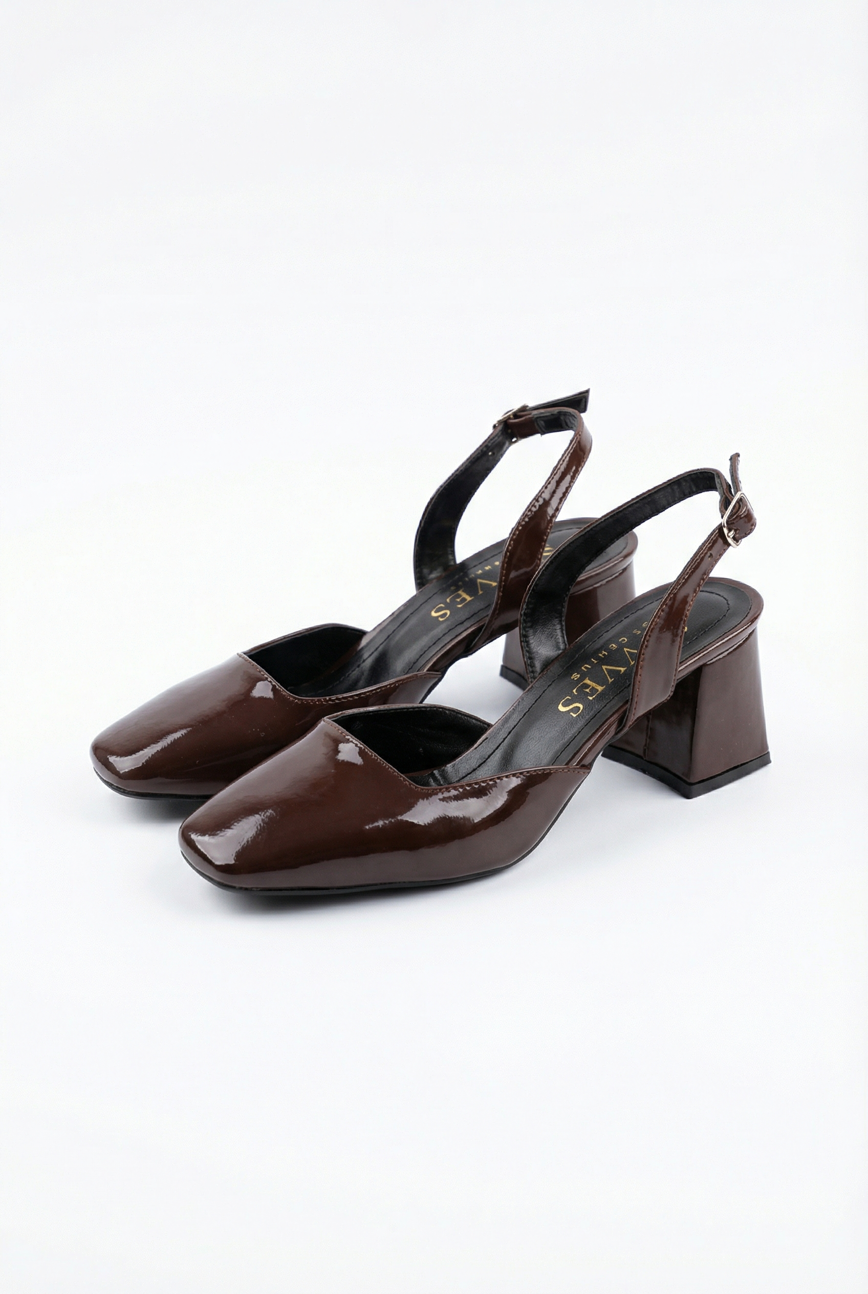Décisions Nettes – Kahverengi Rugan 9 cm Kare Burun Slingback Topuklu Ayakkabı