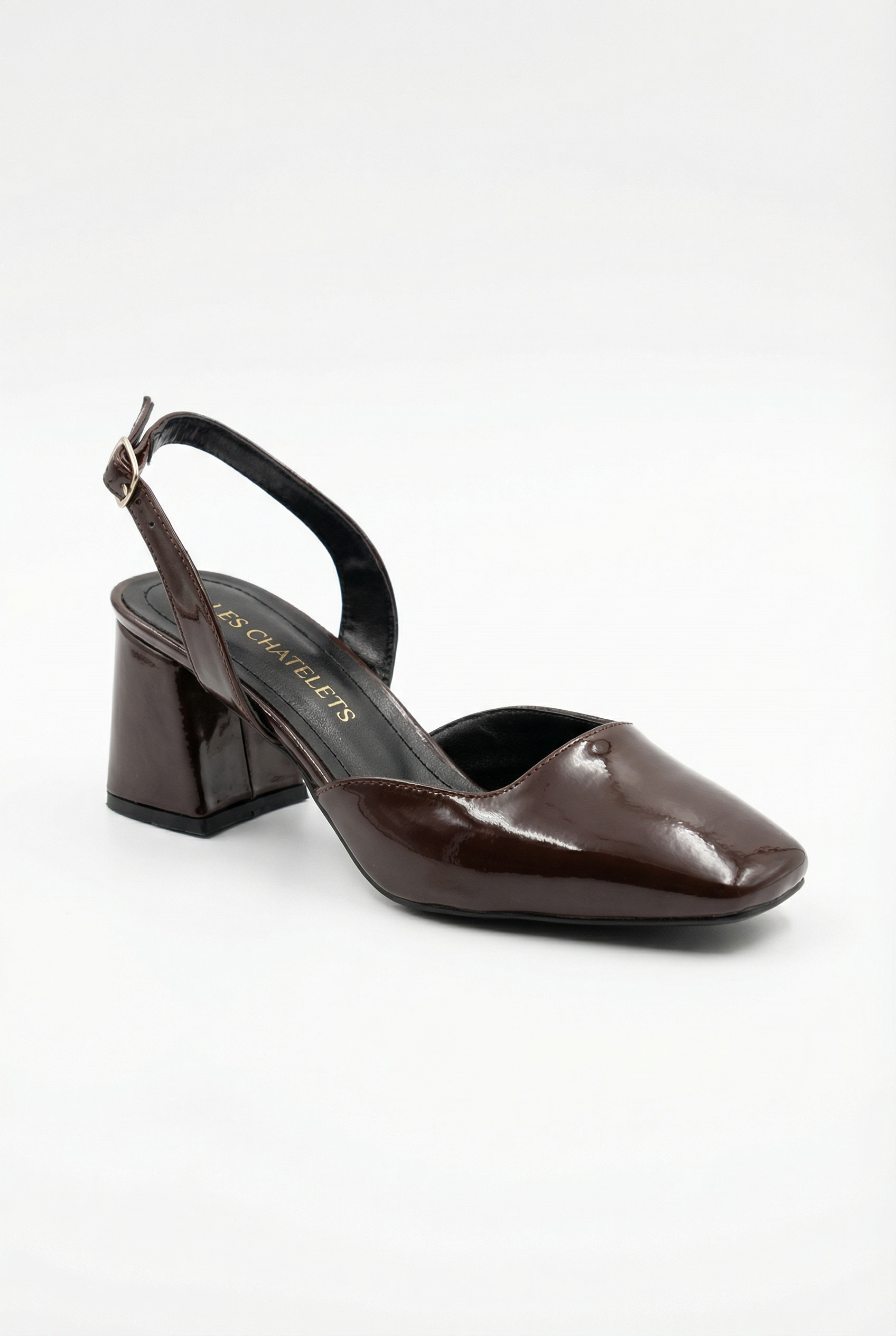 Décisions Nettes – Kahverengi Rugan 9 cm Kare Burun Slingback Topuklu Ayakkabı