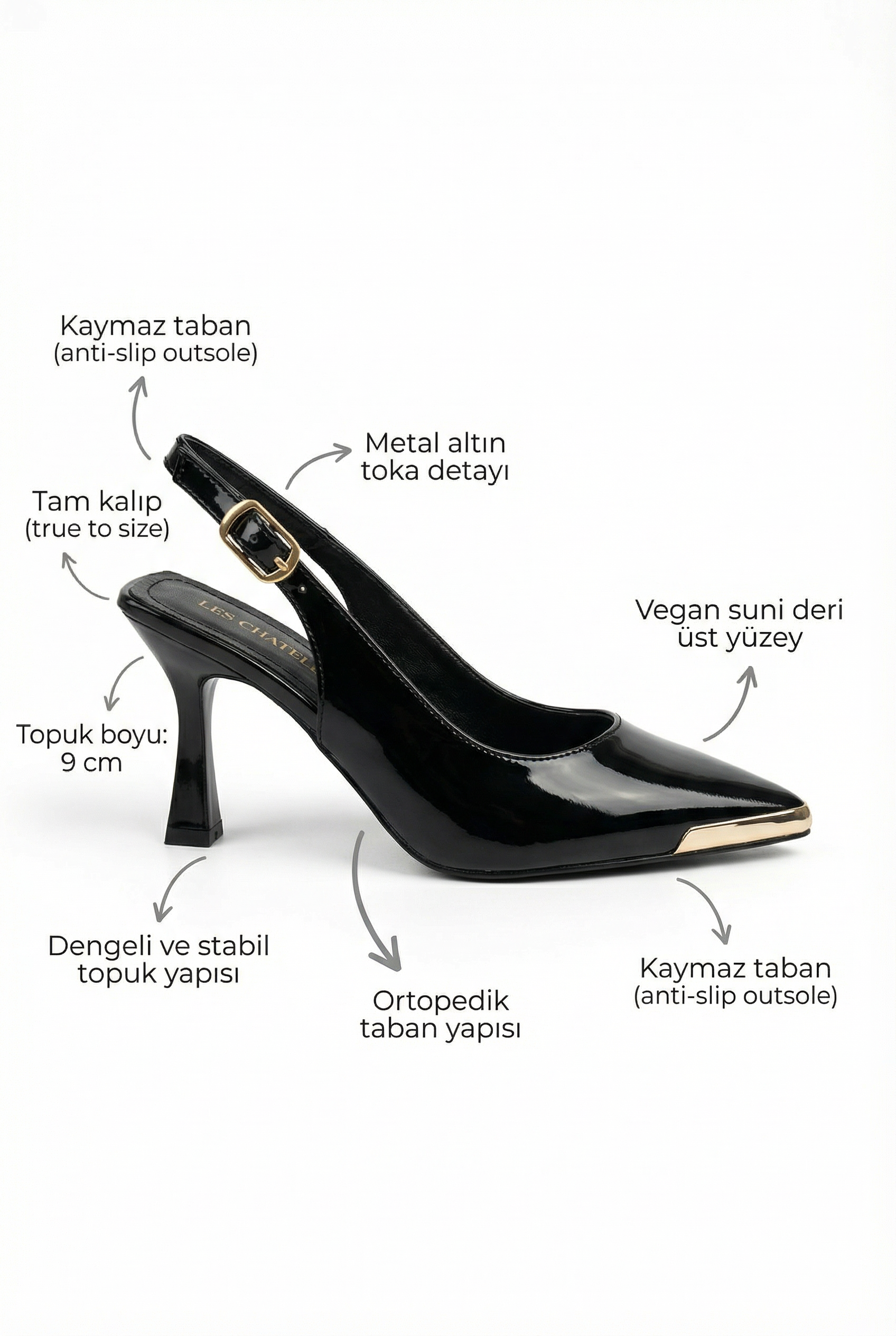 Reflets Dorés – Siyah Rugan Metal Detaylı 9 cm Topuklu Ayakkabı