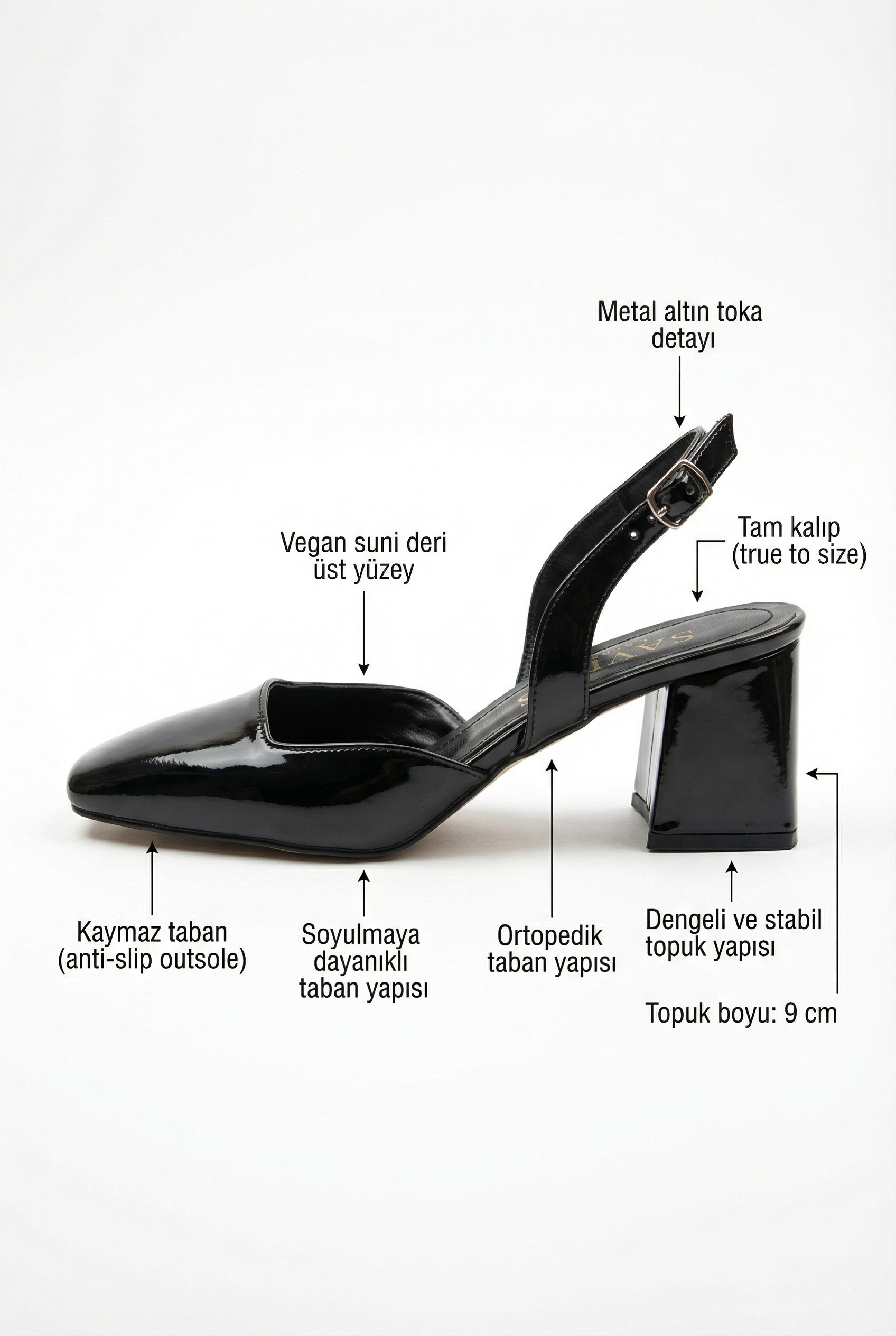 Décisions Nettes – Siyah Rugan 9 cm Kare Burun Slingback Topuklu Ayakkabı
