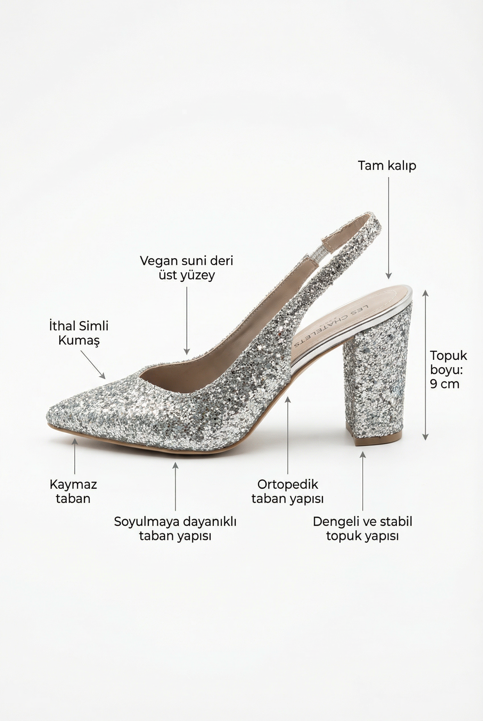 Éclats de Nuit – Gri Simli Slingback 9 cm Topuklu Ayakkabı
