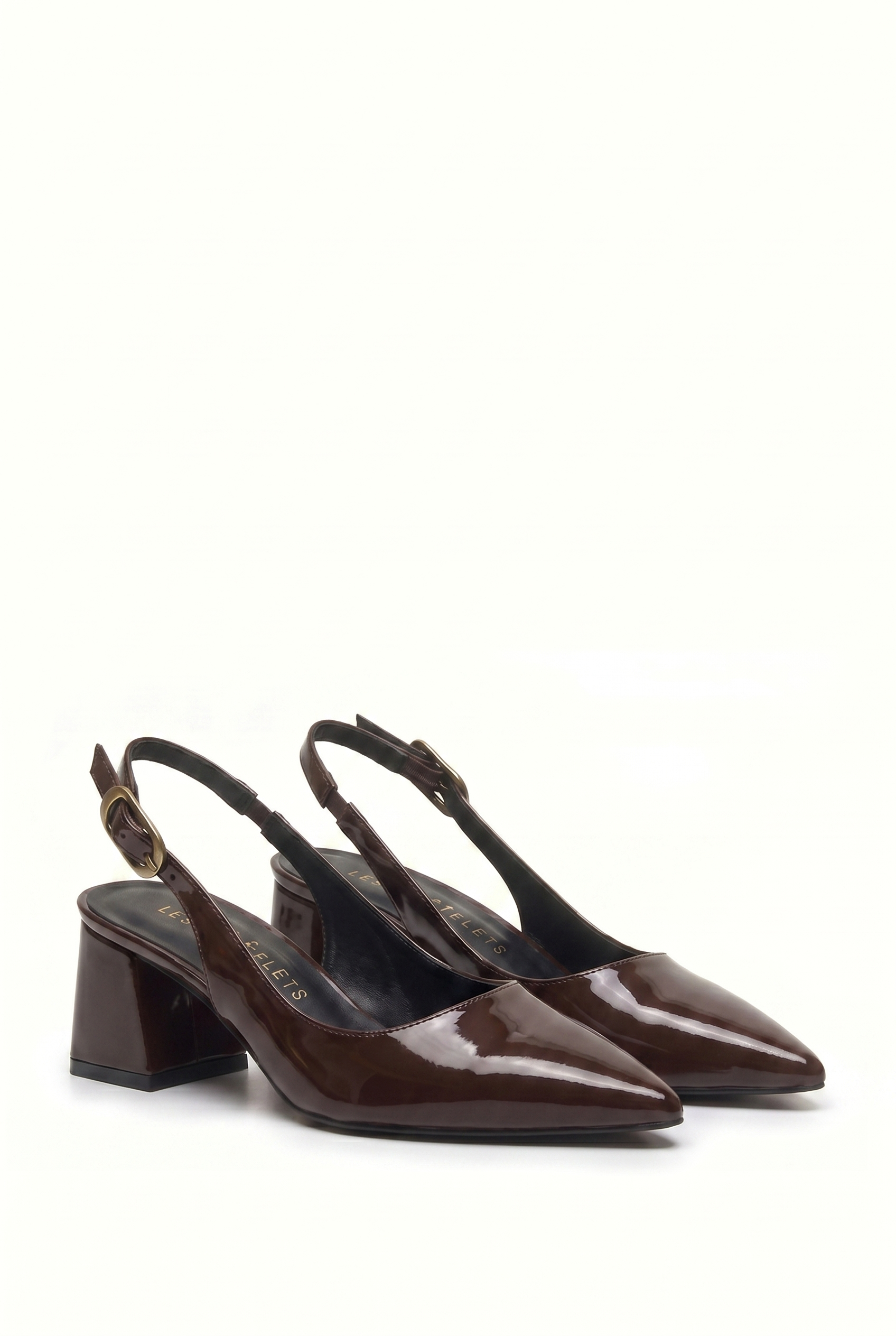 Été en Ville Kahve Rugan Slingback Topuklu Ayakkabı – 5 cm Altın Toka | Sivri Burun Bilekten Bağlamalı