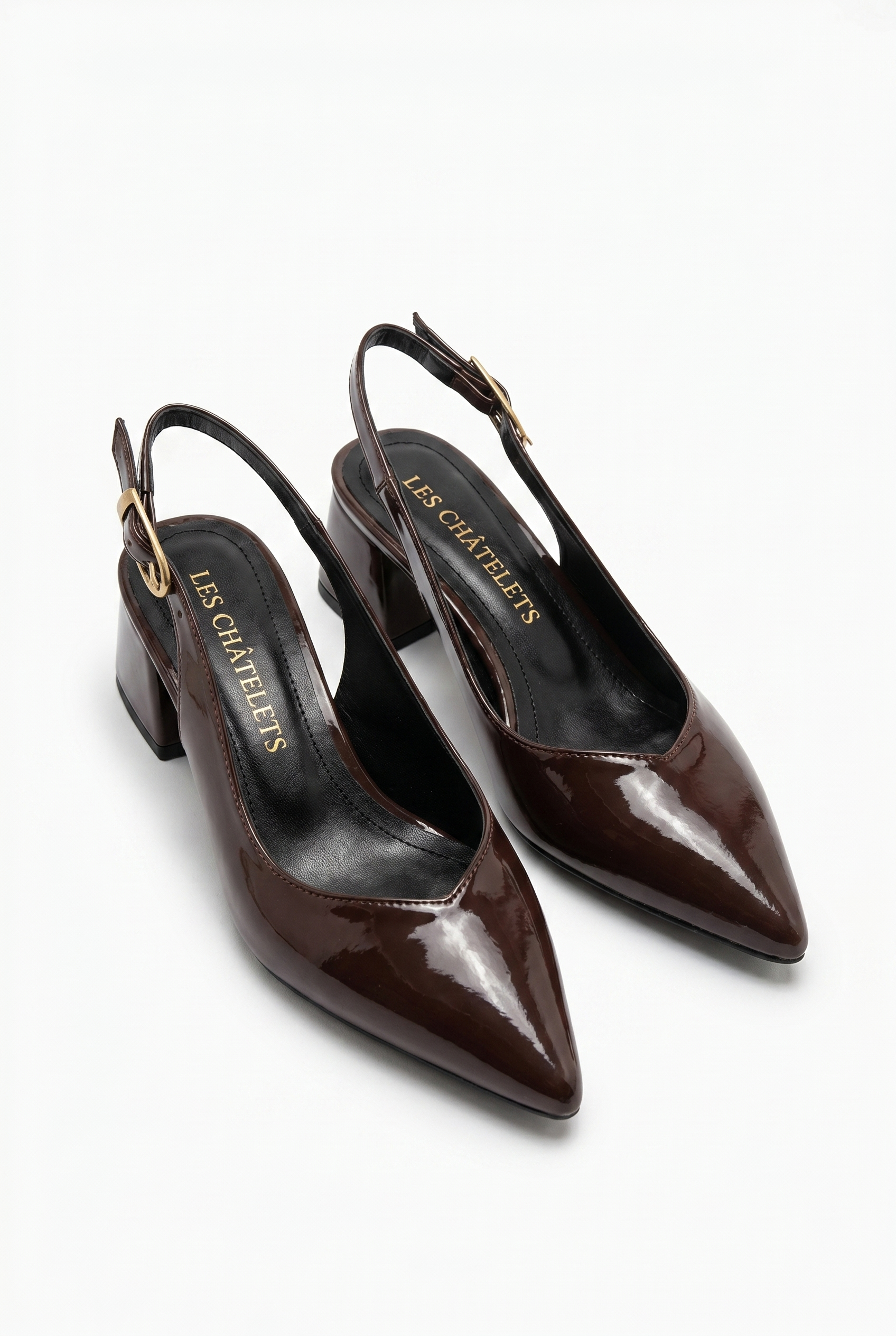 Été en Ville Kahve Rugan Slingback Topuklu Ayakkabı – 5 cm Altın Toka | Sivri Burun Bilekten Bağlamalı