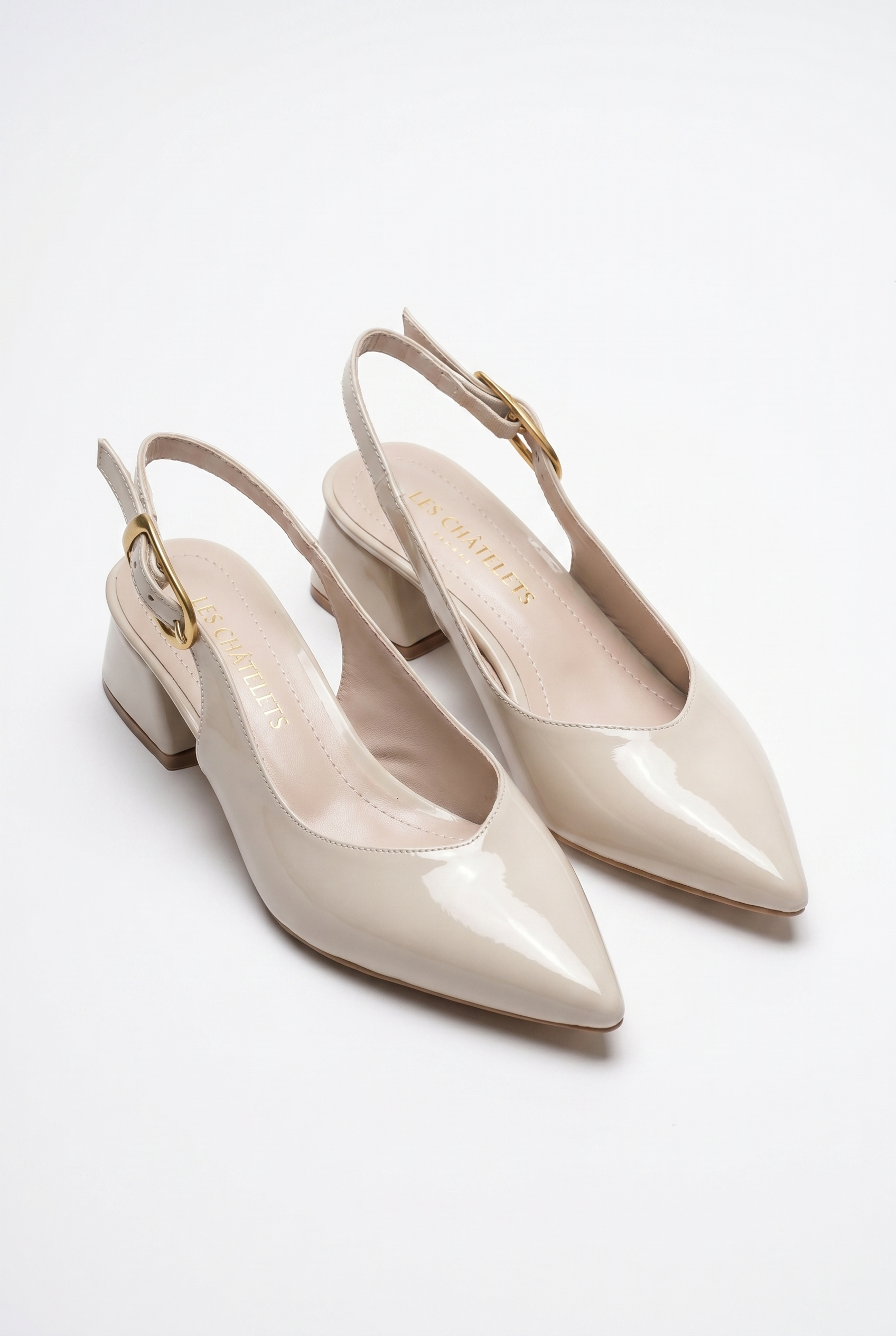 Été en Ville Bej Rugan Slingback Topuklu Ayakkabı – 5 cm Altın Toka | Sivri Burun Bilekten Bağlamalı