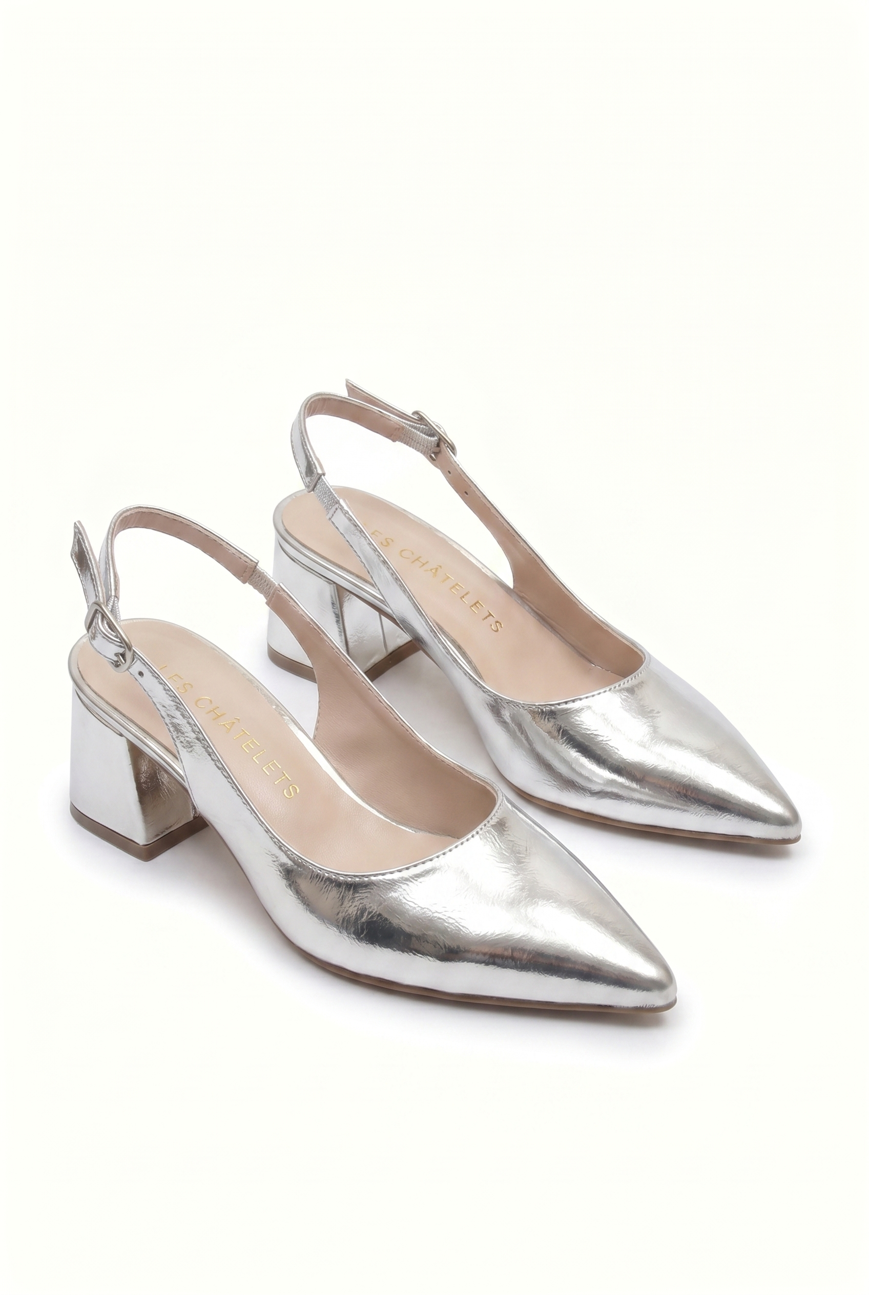 Été en Ville Gümüş Metalik Slingback Topuklu Ayakkabı – 5 cm | Sivri Burun Bilekten Bağlamalı