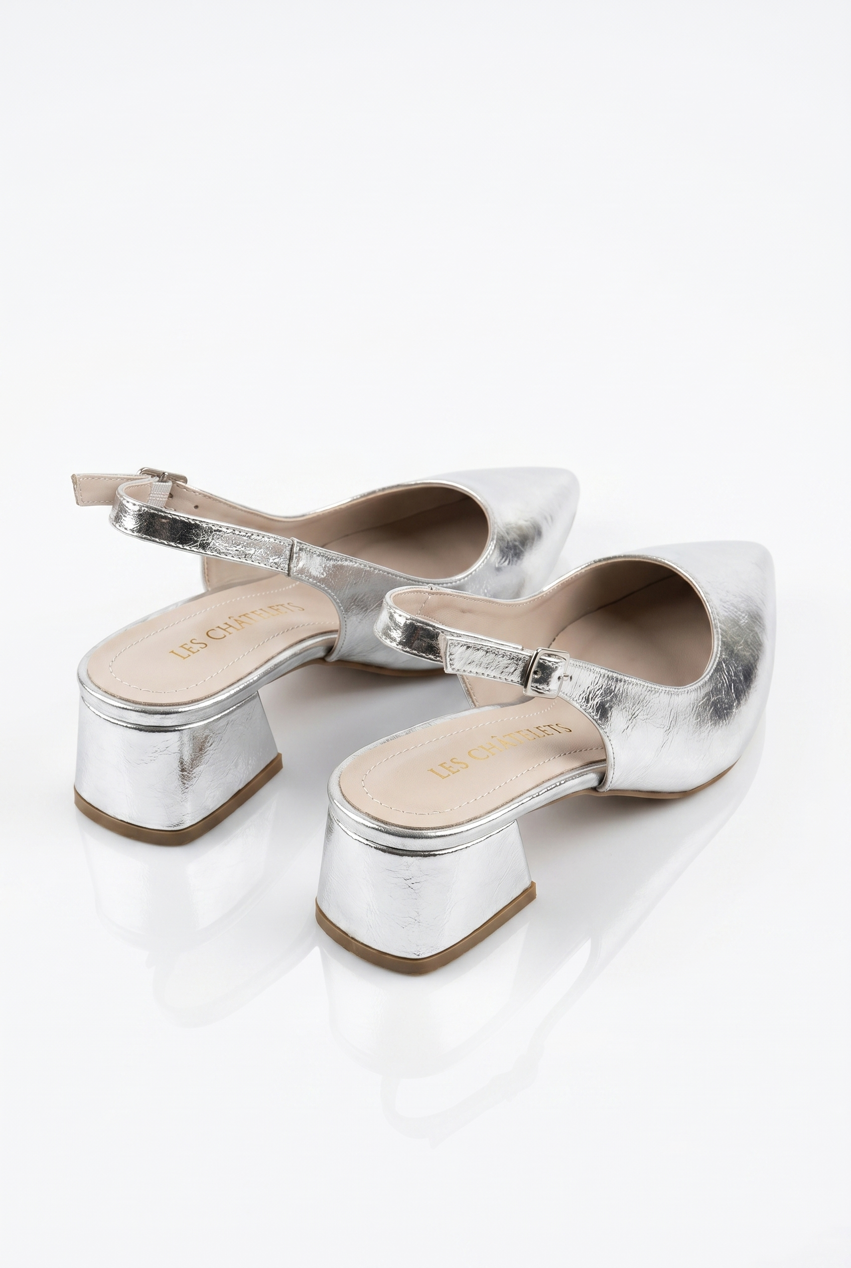 Été en Ville Gümüş Metalik Slingback Topuklu Ayakkabı – 5 cm | Sivri Burun Bilekten Bağlamalı
