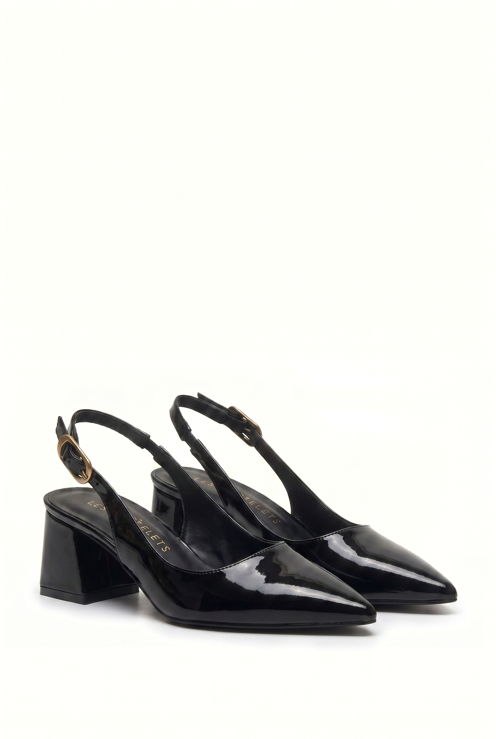 Été en Ville Siyah Rugan Slingback Topuklu Ayakkabı – 5 cm Altın Toka | Sivri Burun Bilekten Bağlamalı