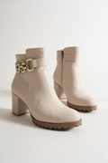 Brielfy Altın Tokalı Bej Topuklu Kadın Bot | Kışlık Şık Günlük Bot