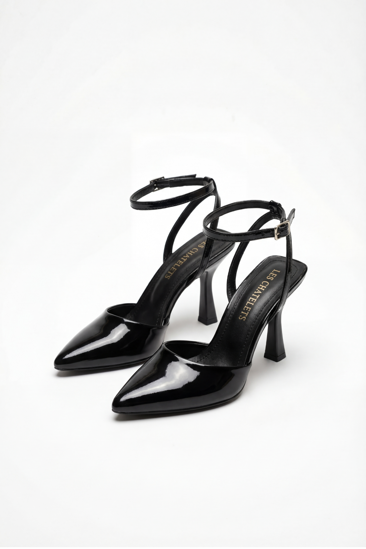 Points d’Attache – Siyah Rugan 9 cm Bilekten Bağlamalı Topuklu Ayakkabı