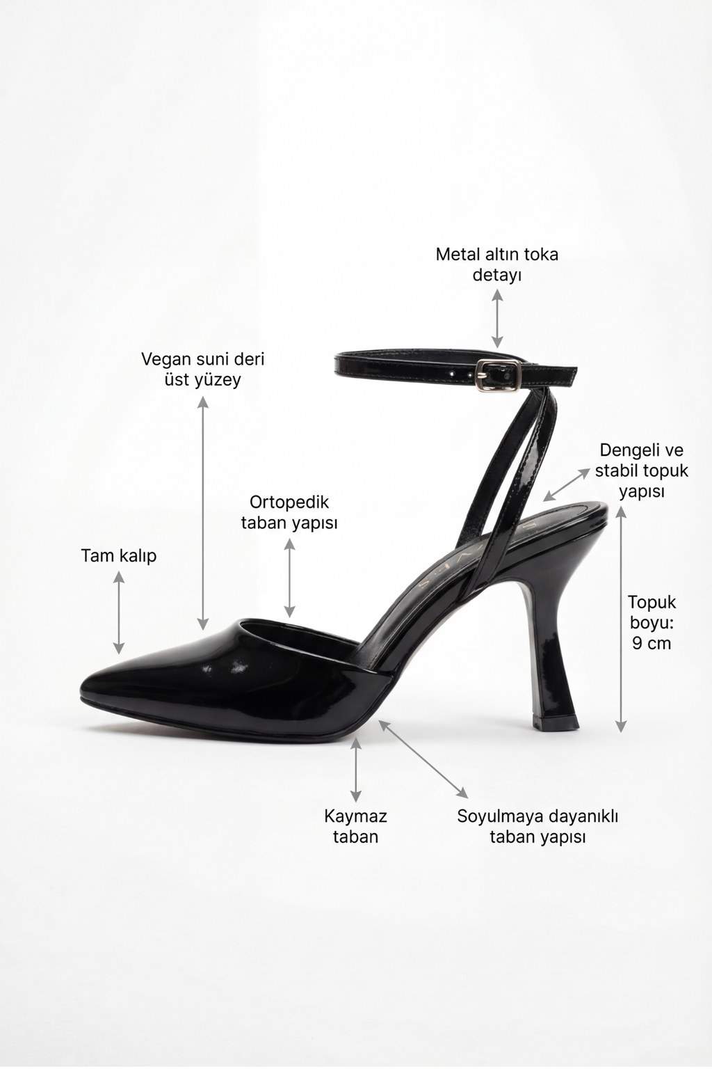 Points d’Attache – Siyah Rugan 9 cm Bilekten Bağlamalı Topuklu Ayakkabı