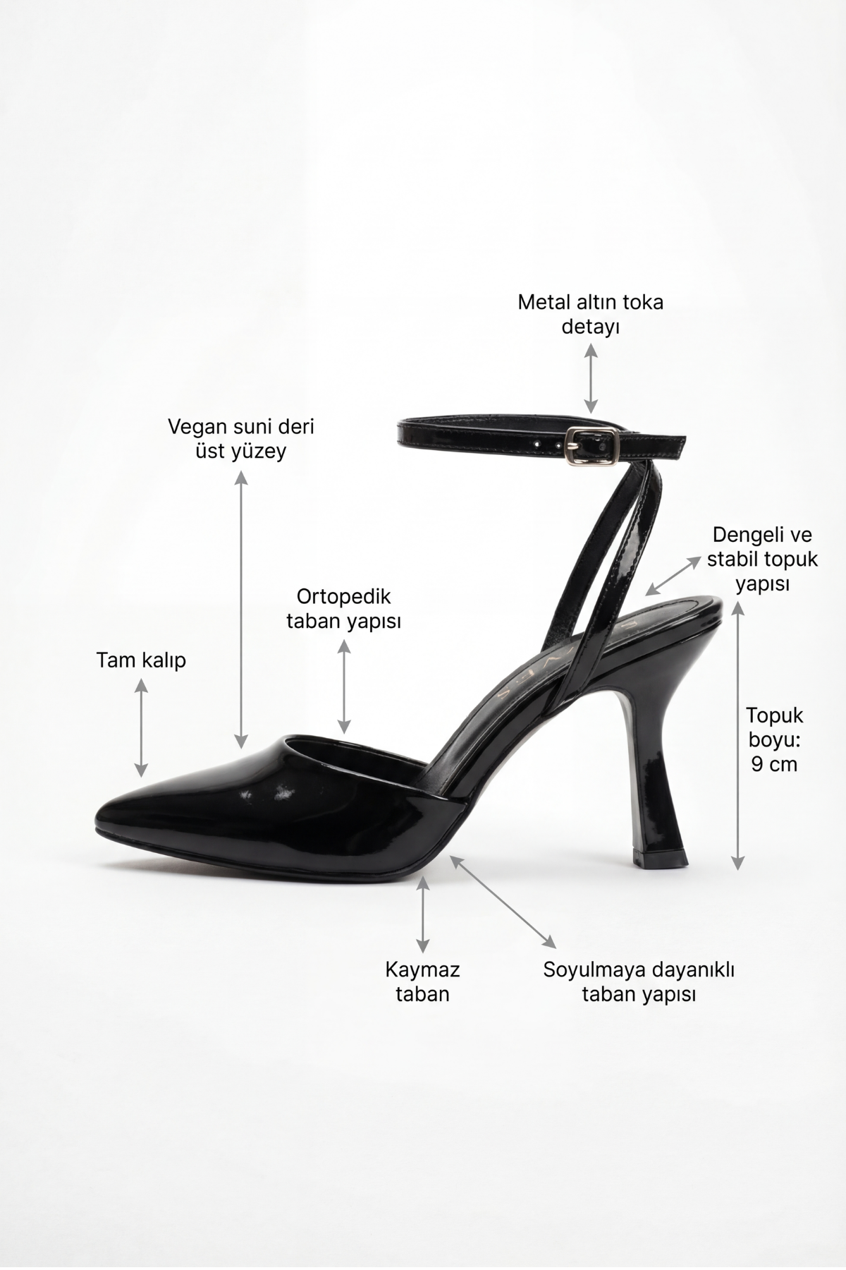 Points d’Attache – Siyah Rugan 9 cm Bilekten Bağlamalı Topuklu Ayakkabı