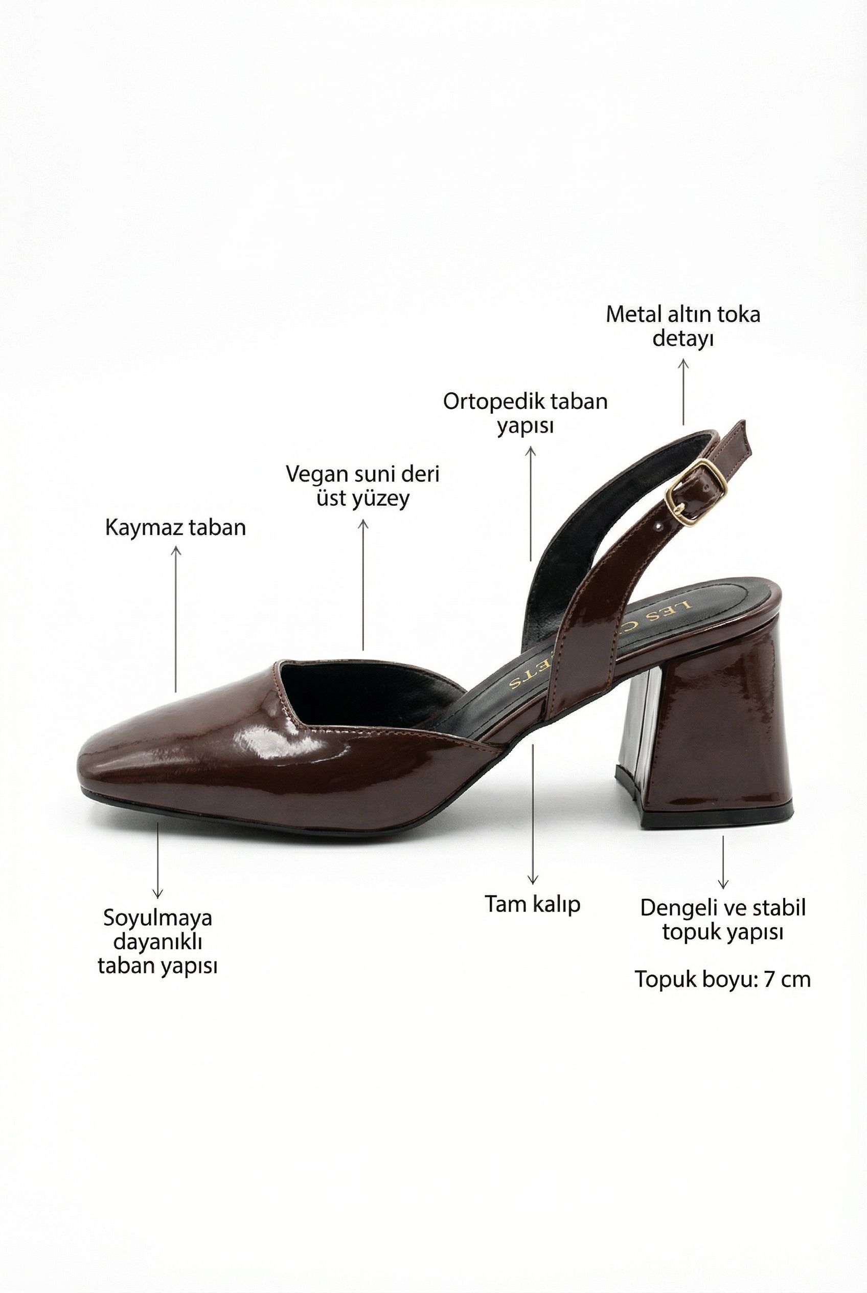 Décisions Nettes – Kahverengi Rugan 9 cm Kare Burun Slingback Topuklu Ayakkabı