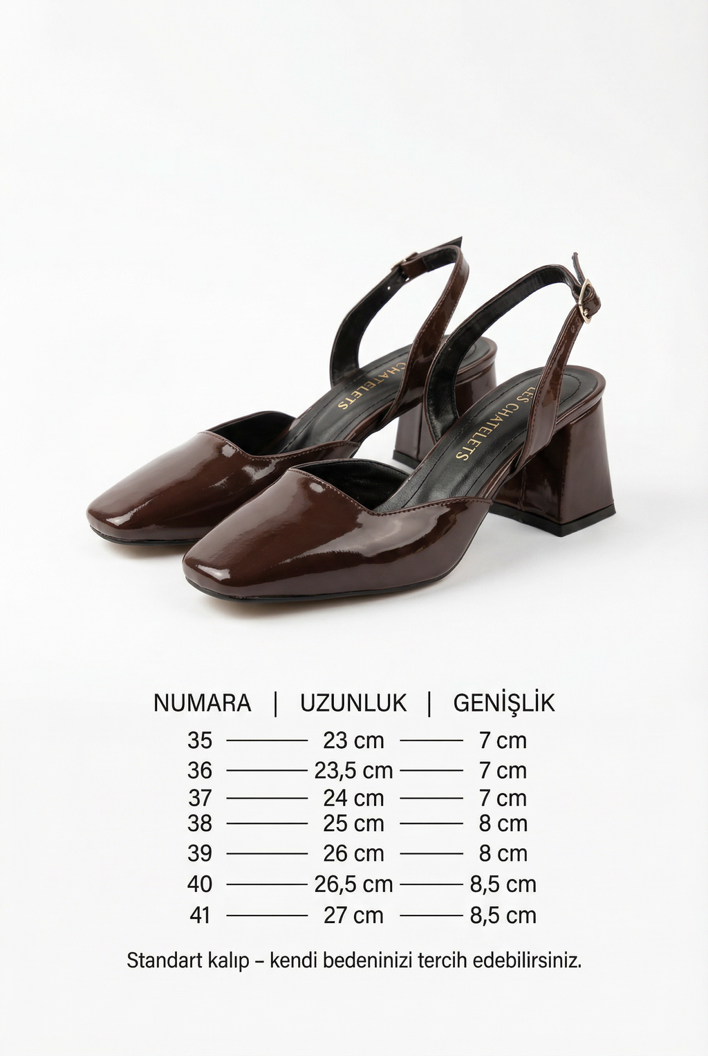 Décisions Nettes – Kahverengi Rugan 9 cm Kare Burun Slingback Topuklu Ayakkabı