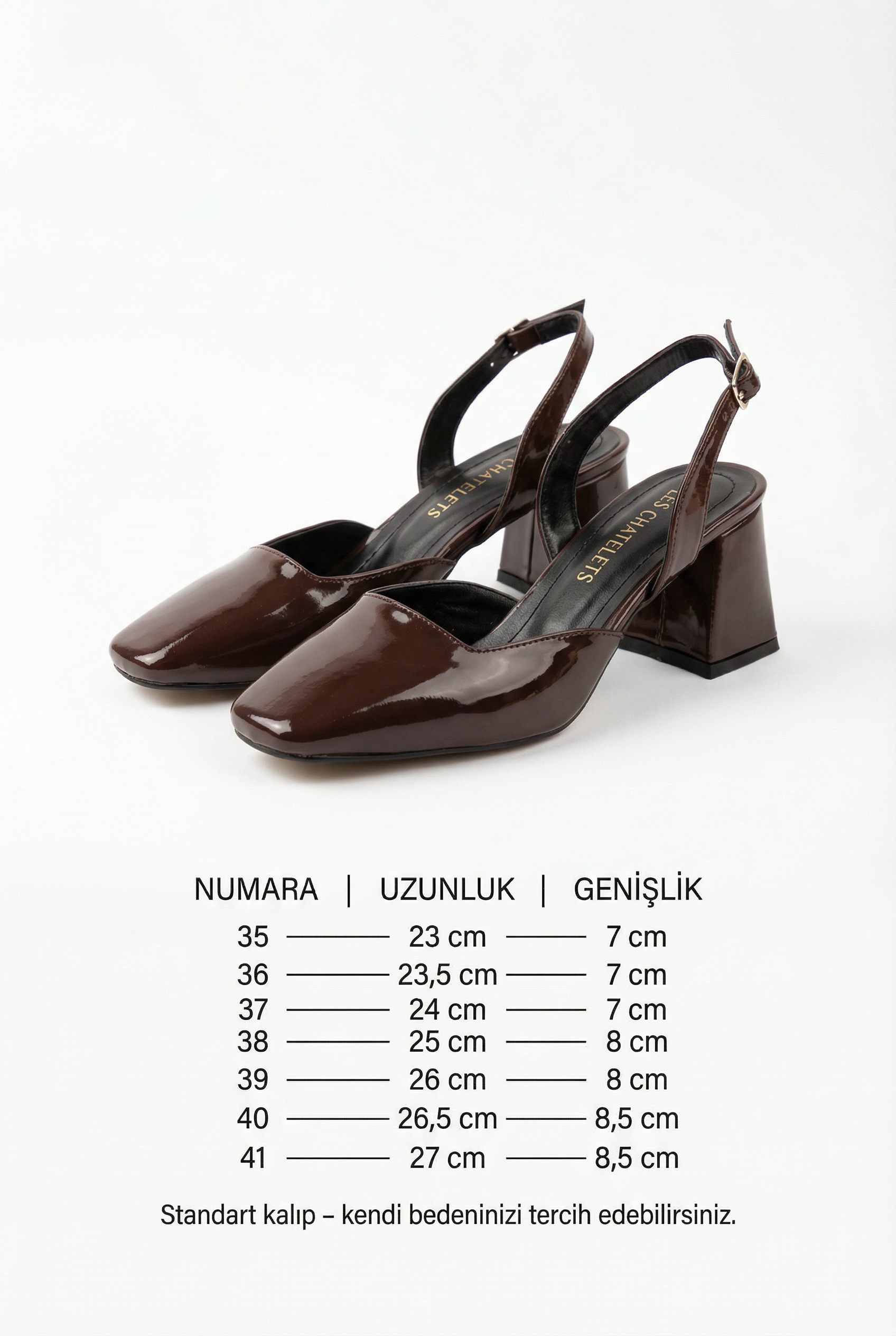 Décisions Nettes – Kahverengi Rugan 9 cm Kare Burun Slingback Topuklu Ayakkabı