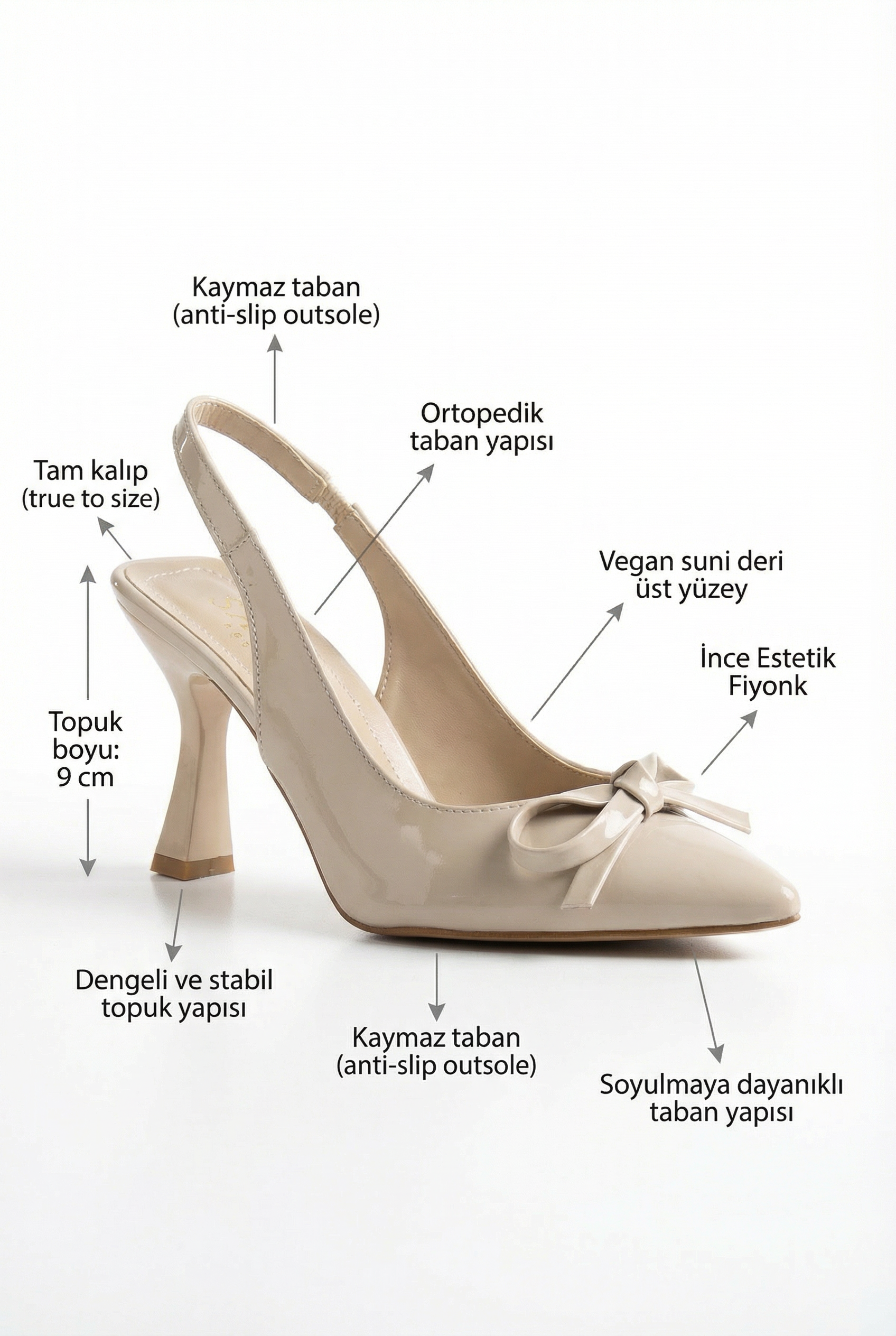 Gestes Marqués – Bej Rugan İnce Fiyonklu 9 cm Topuklu Ayakkabı