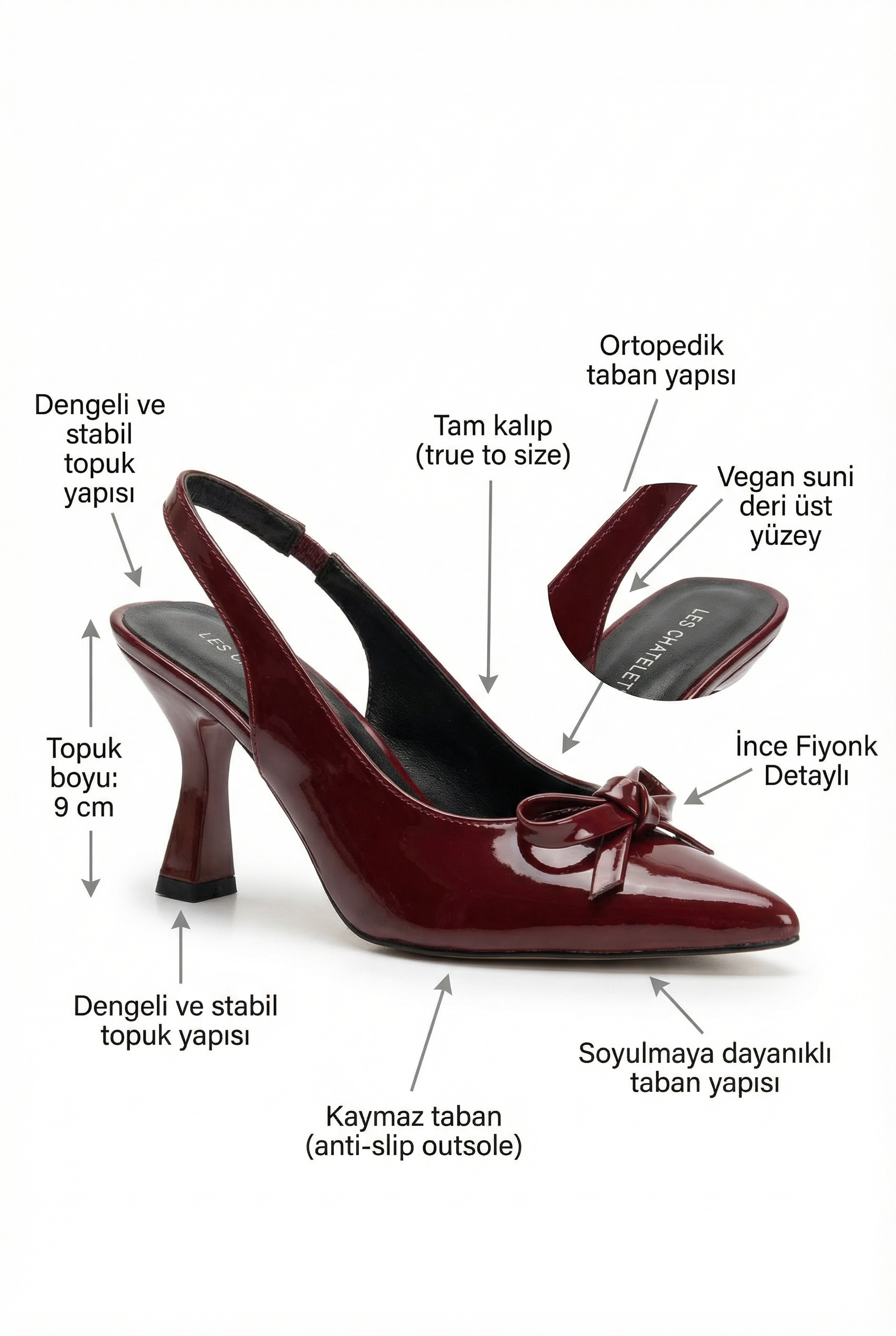 Gestes Marqués – Bordo Rugan İnce Fiyonklu 9 cm Topuklu Ayakkabı