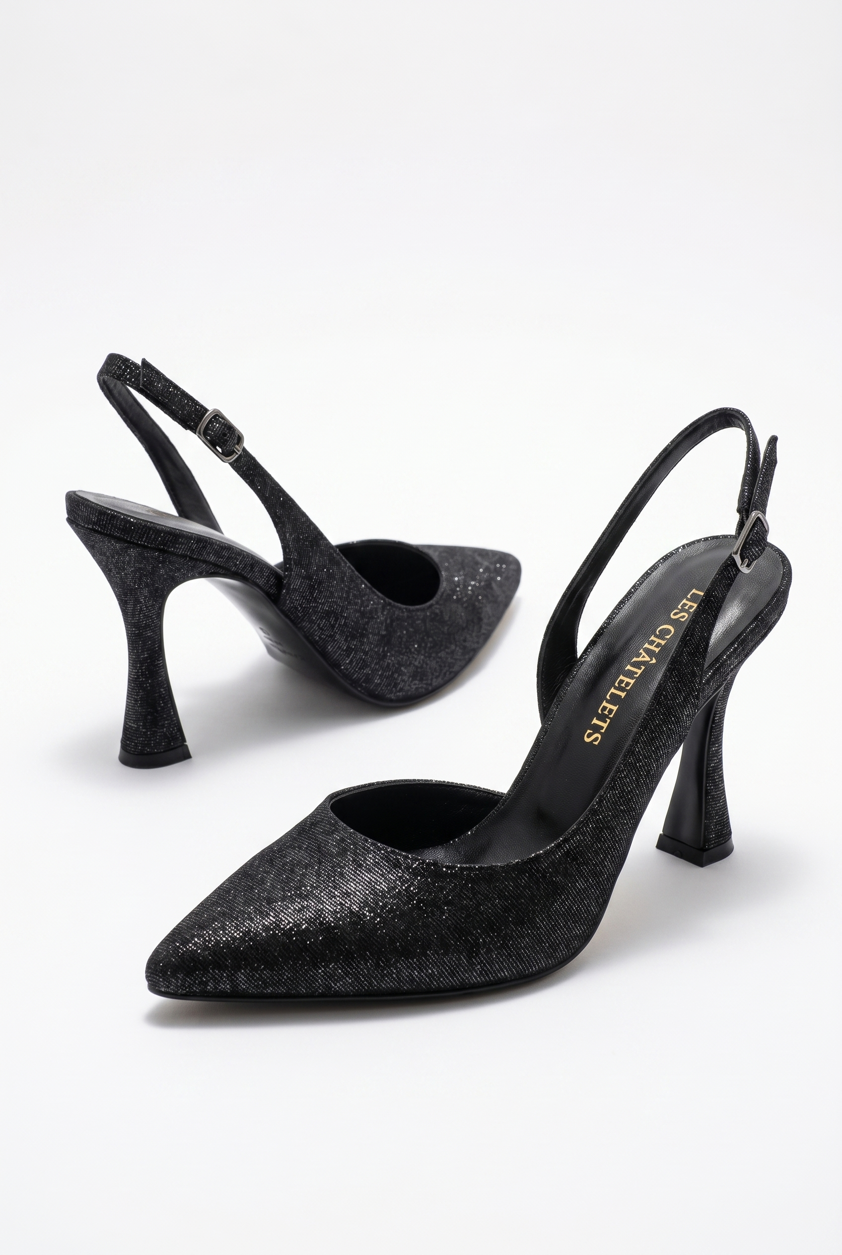 Éclat de Nuit Siyah Simli Stiletto Topuklu Ayakkabı – 9 cm | Sivri Burun Slingback