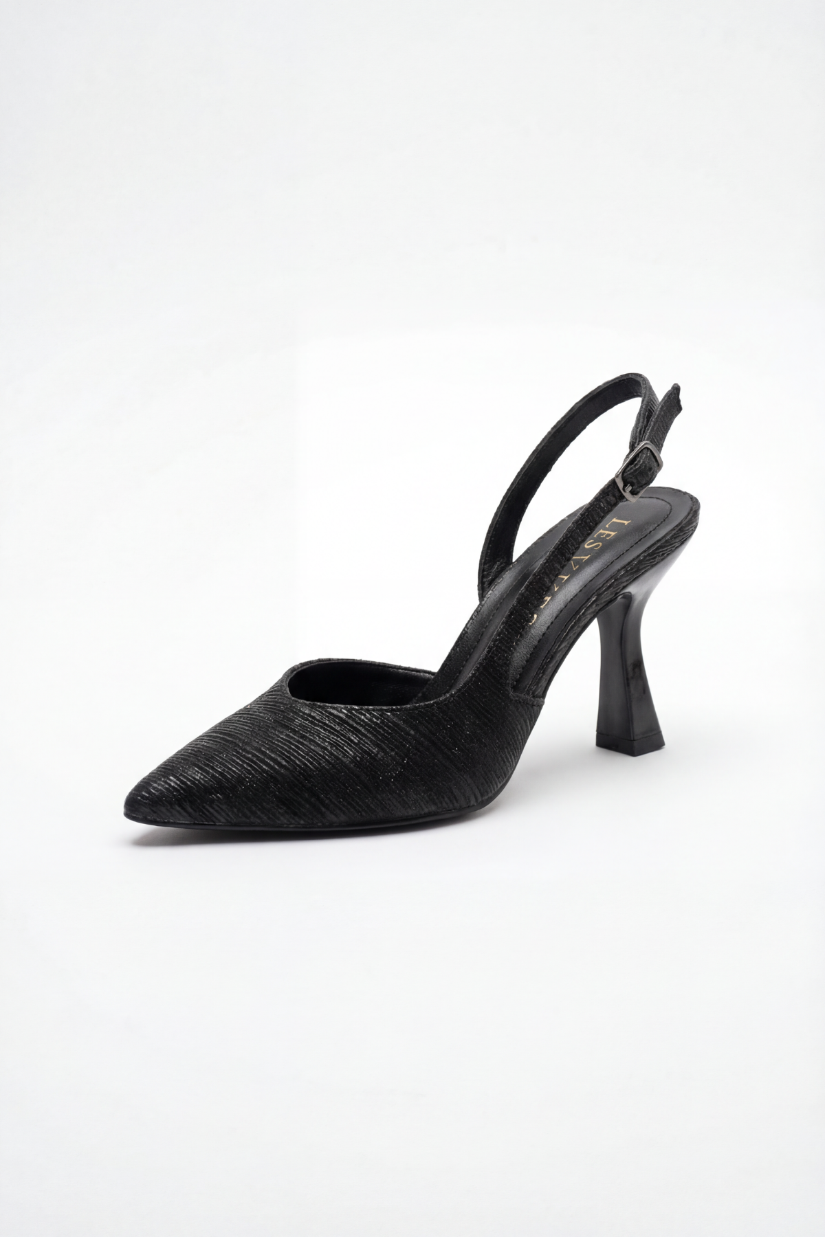 Reflets d’Instant – Siyah Simli 9 cm Sivri Burun Slingback Topuklu Ayakkabı
