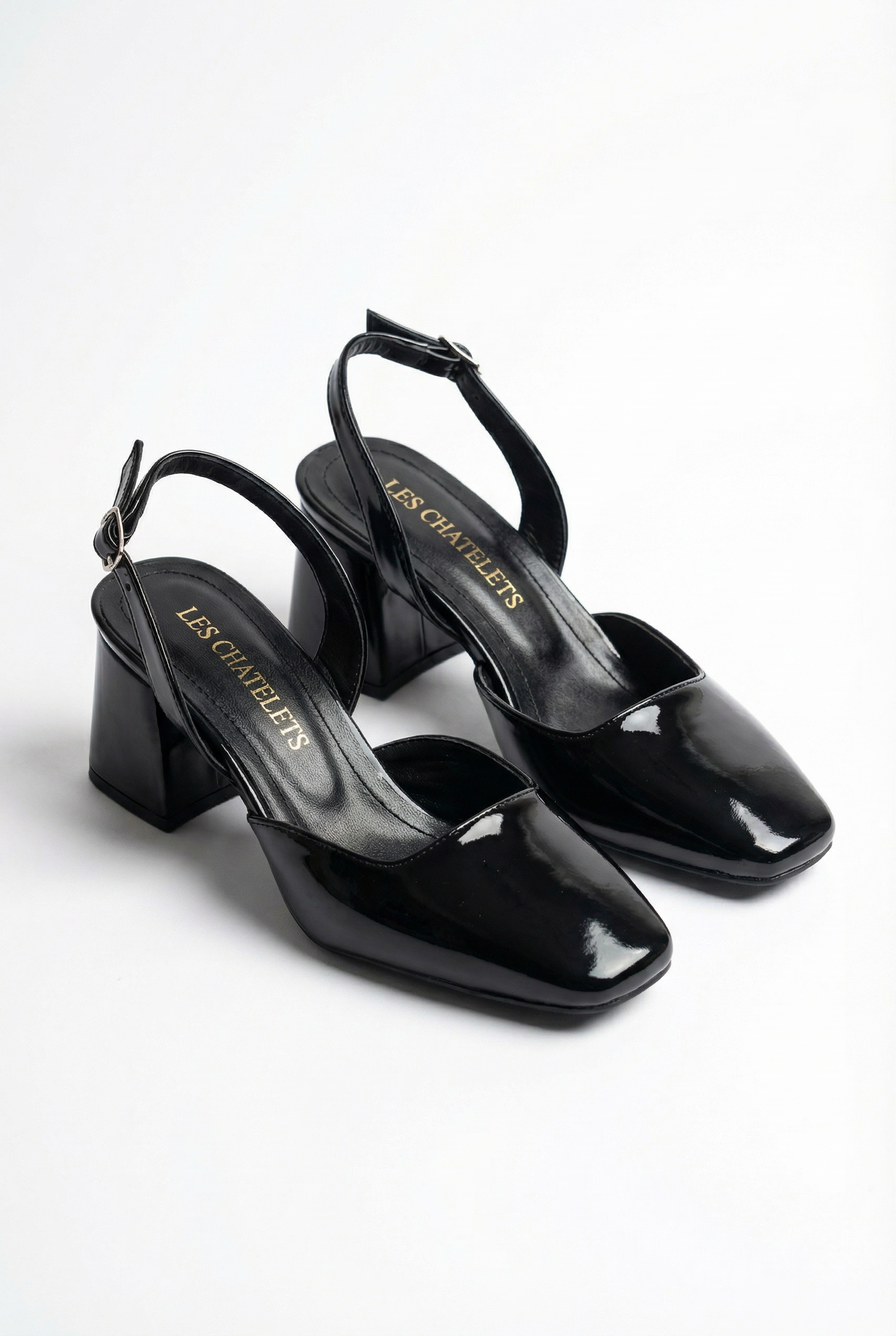 Décisions Nettes – Siyah Rugan 9 cm Kare Burun Slingback Topuklu Ayakkabı