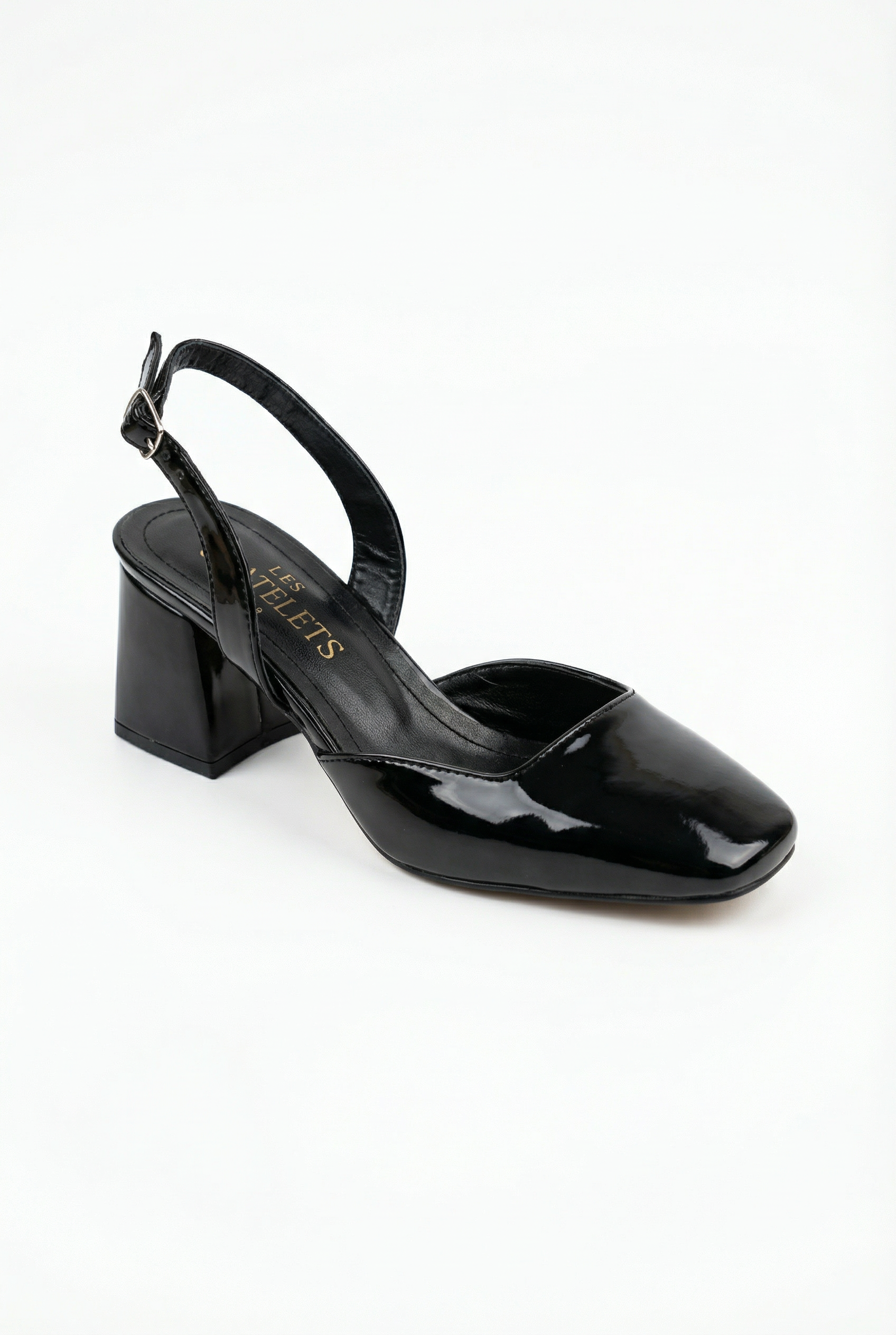 Décisions Nettes – Siyah Rugan 9 cm Kare Burun Slingback Topuklu Ayakkabı