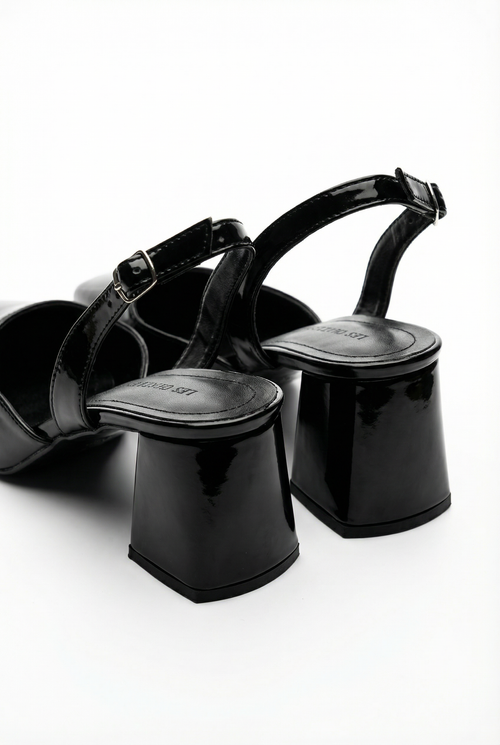 Décisions Nettes – Siyah Rugan 9 cm Kare Burun Slingback Topuklu Ayakkabı