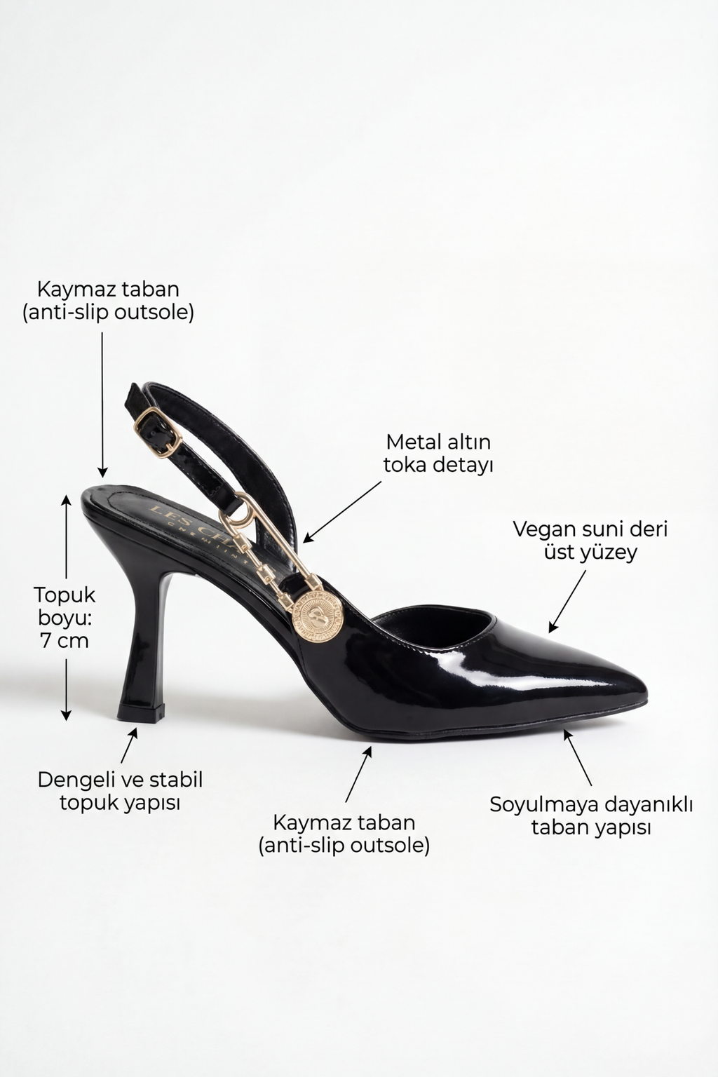 Passage du Soir – Siyah Rugan Sivri Burun Slingback Topuklu Ayakkabı