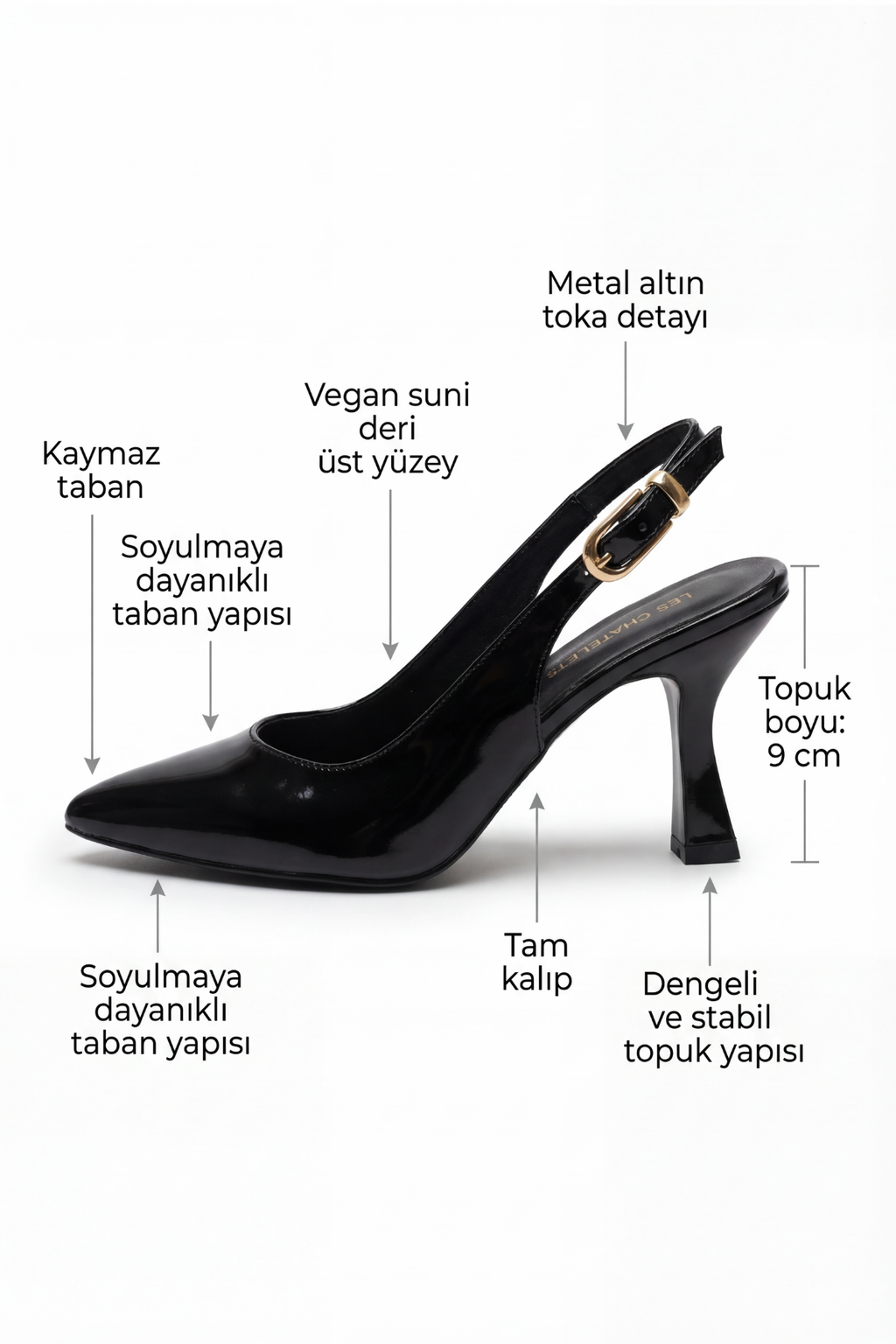 Les Souvenirs Portés Serisi Souvenir du Soir – Siyah Rugan 9 cm Sivri Burun Slingback Topuklu Ayakkabı