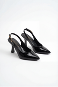 Les Souvenirs Portés Serisi Souvenir du Soir – Siyah Rugan 9 cm Sivri Burun Slingback Topuklu Ayakkabı