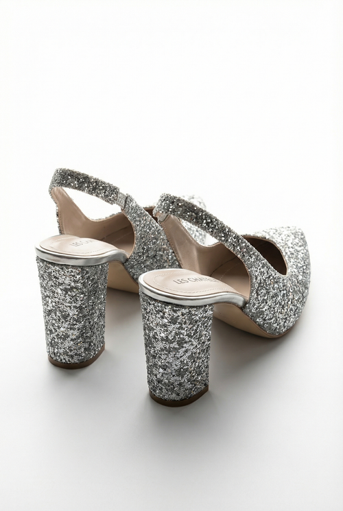 Éclats de Nuit – Gri Simli Slingback 9 cm Topuklu Ayakkabı