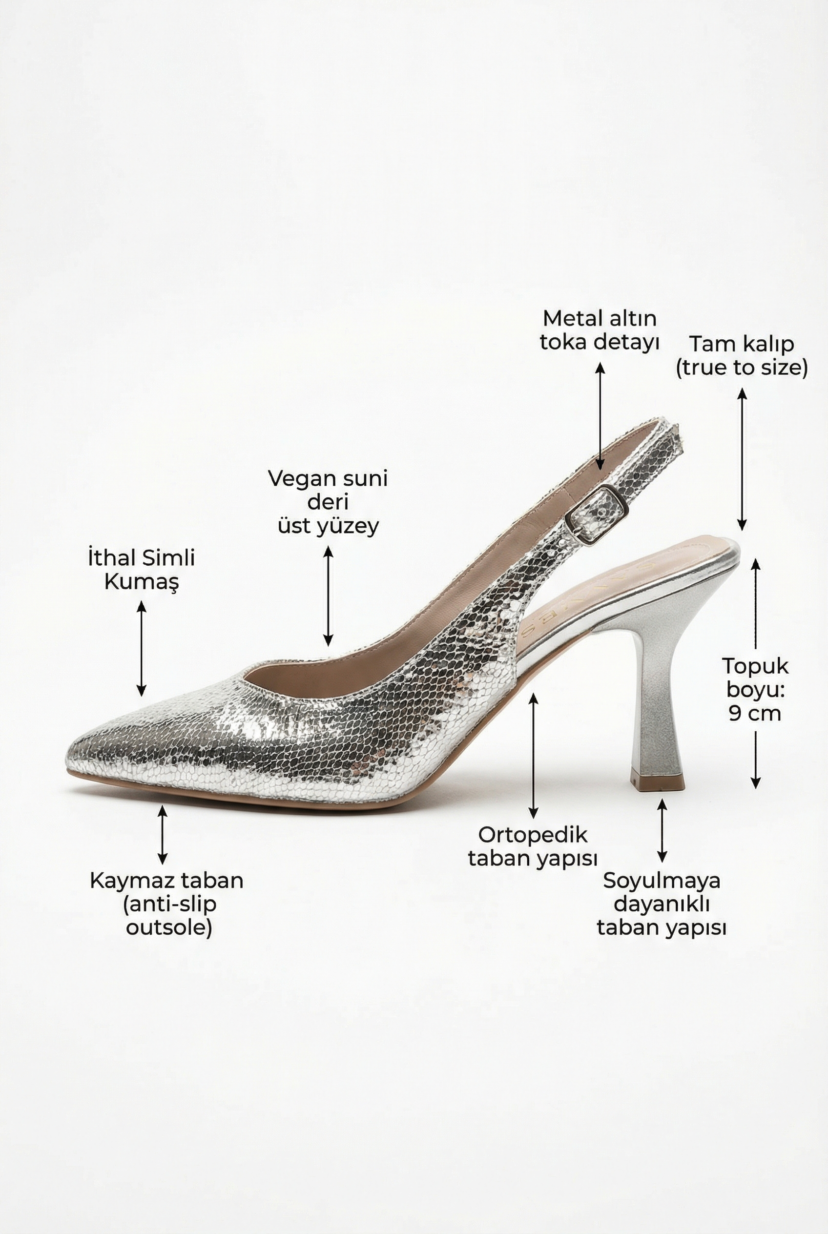 Éclats de Nuit – Gümüş Metalize Dokulu Slingback 9 cm Topuklu Ayakkabı
